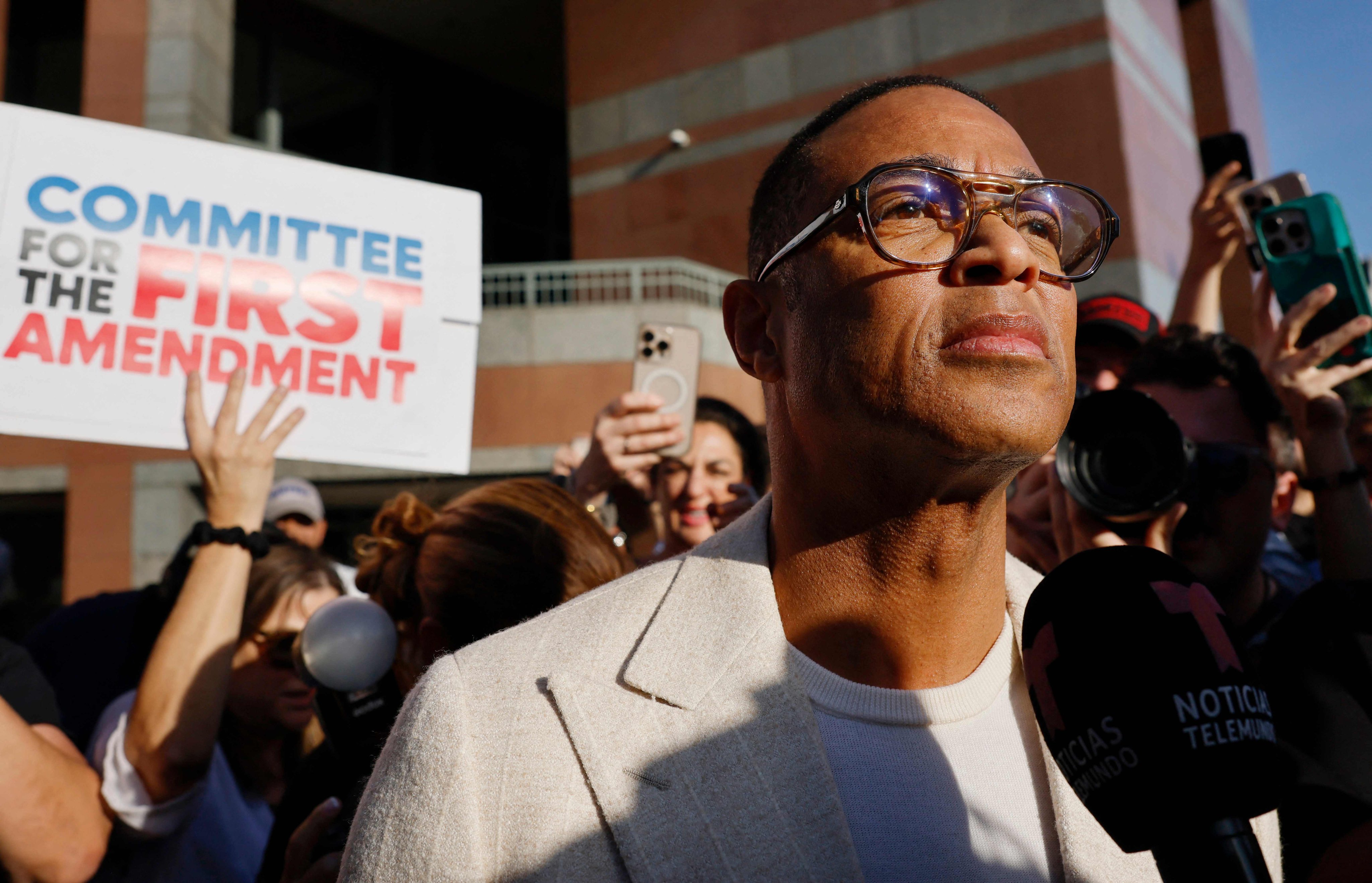 Don Lemon looks on after issuing a statement to media outside federal court on January 30, 2026 in Los Angeles, California. Lemon was arrested in Beverly Hills in connection to a protest he had covered at a Minnesota church. Photo: Getty Images via AFP