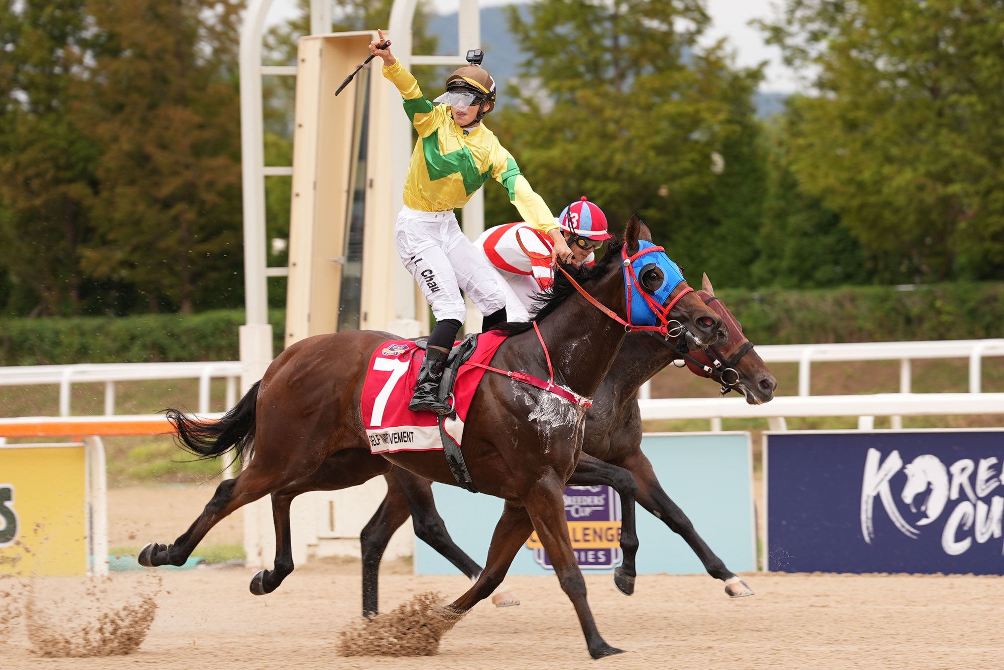 Jerry Chau celebrates his Korea Sprint win on Self Improvement. Photo: HKJC