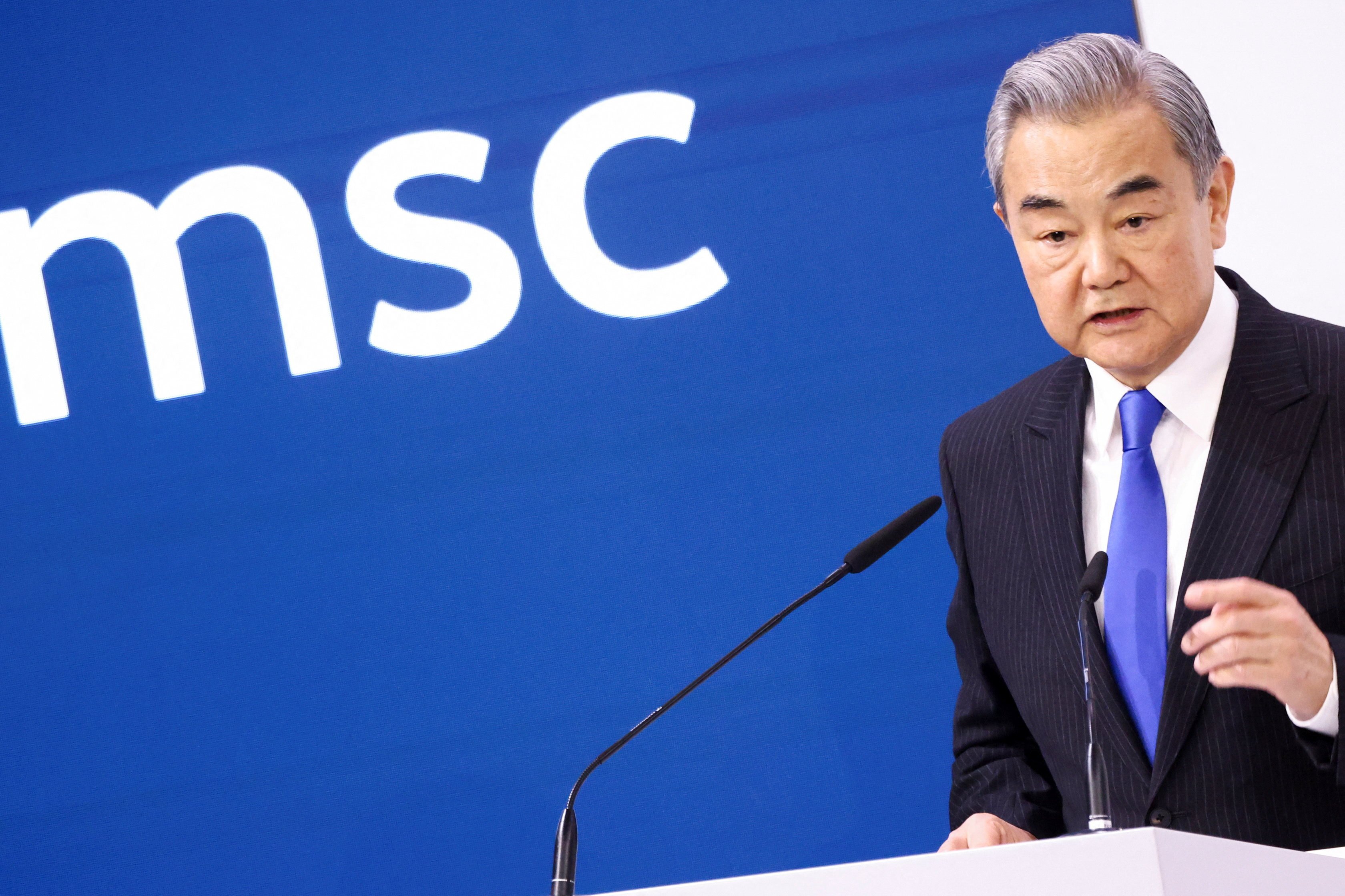 Chinese Foreign Minister Wang Yi speaks at the Munich Security Conference on Saturday. His address covered China-EU relations, the US, Japan and the value Beijing places on the UN. Photo: Reuters