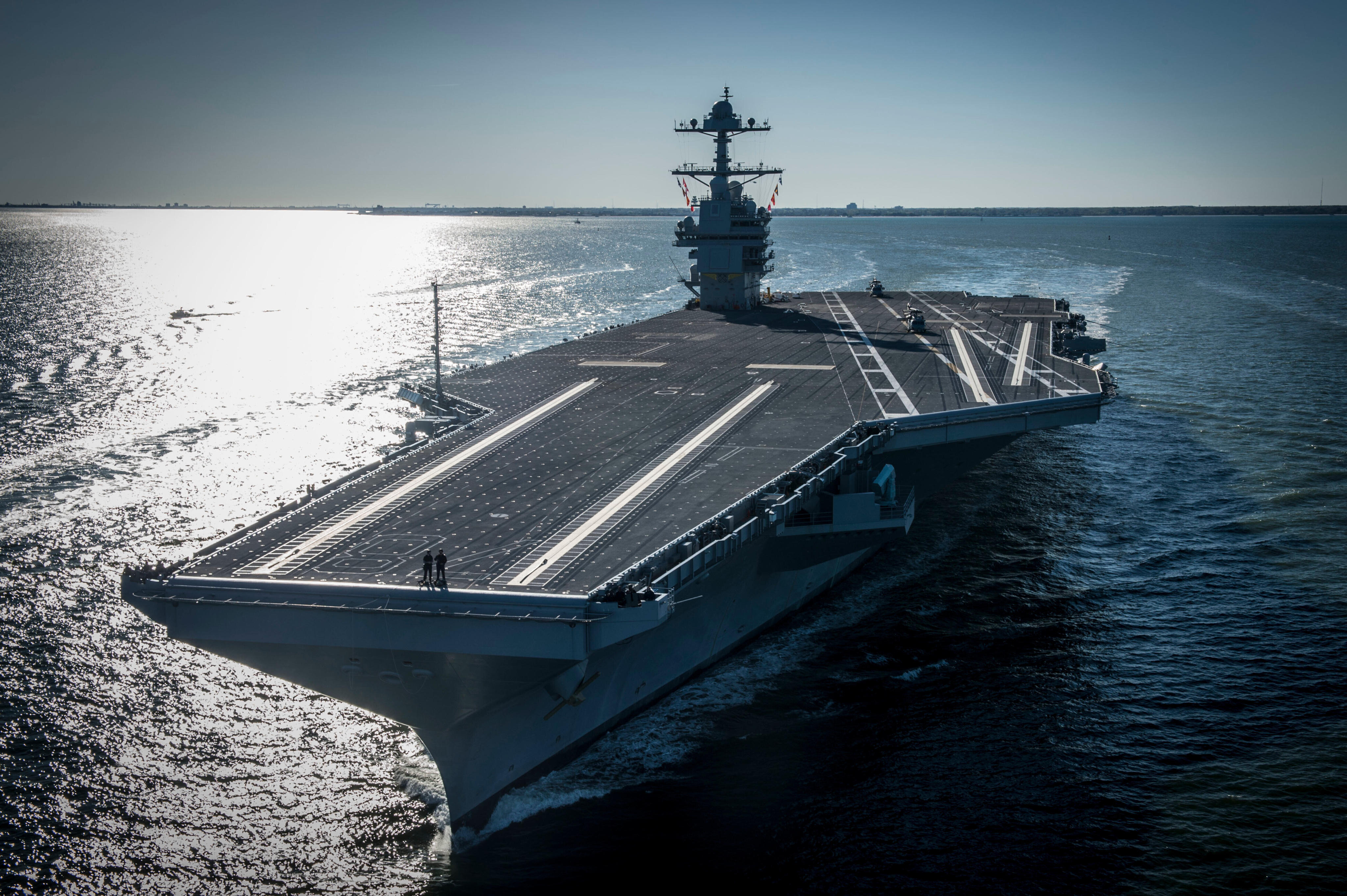 The USS Gerald R. Ford departs from Newport News, Virginia, in April 2017. Photo: US Navy via AP