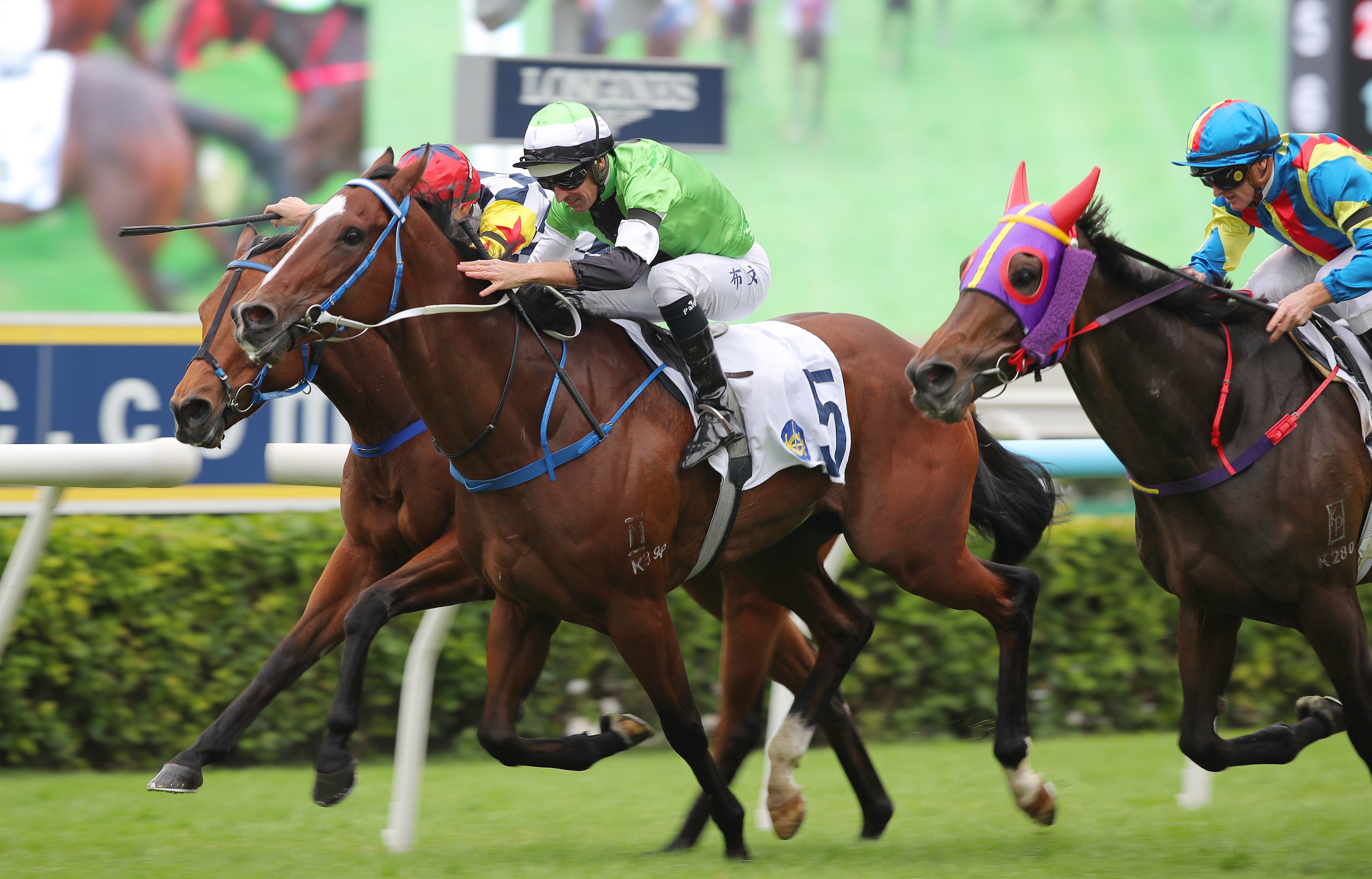 Audacious Pursuit (green) wins at Sha Tin in November. Photos: Kenneth Chan