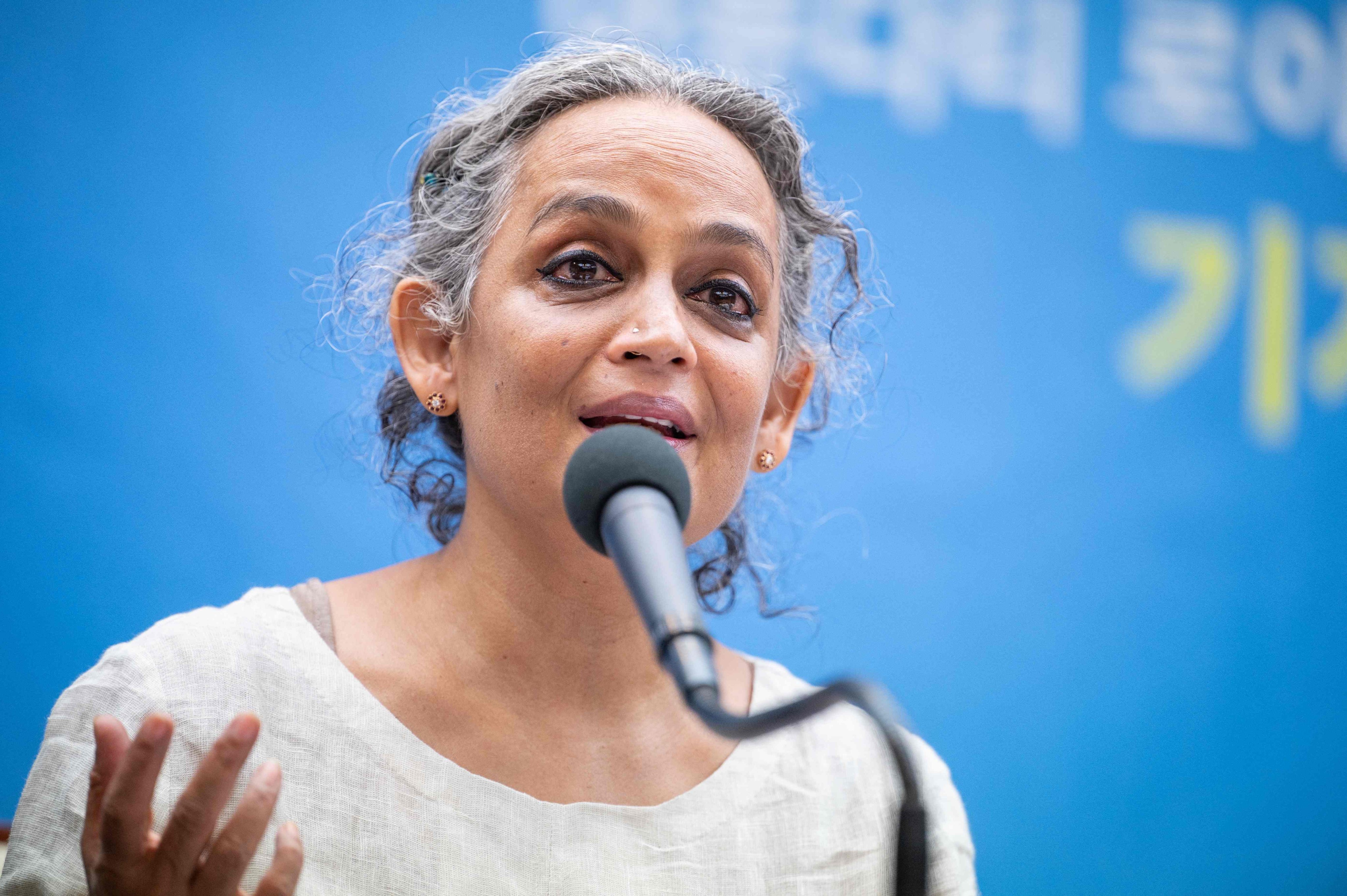 Indian author Arundhati Roy speaks at a press conference in Seoul in November 2021. Photo: AFP
