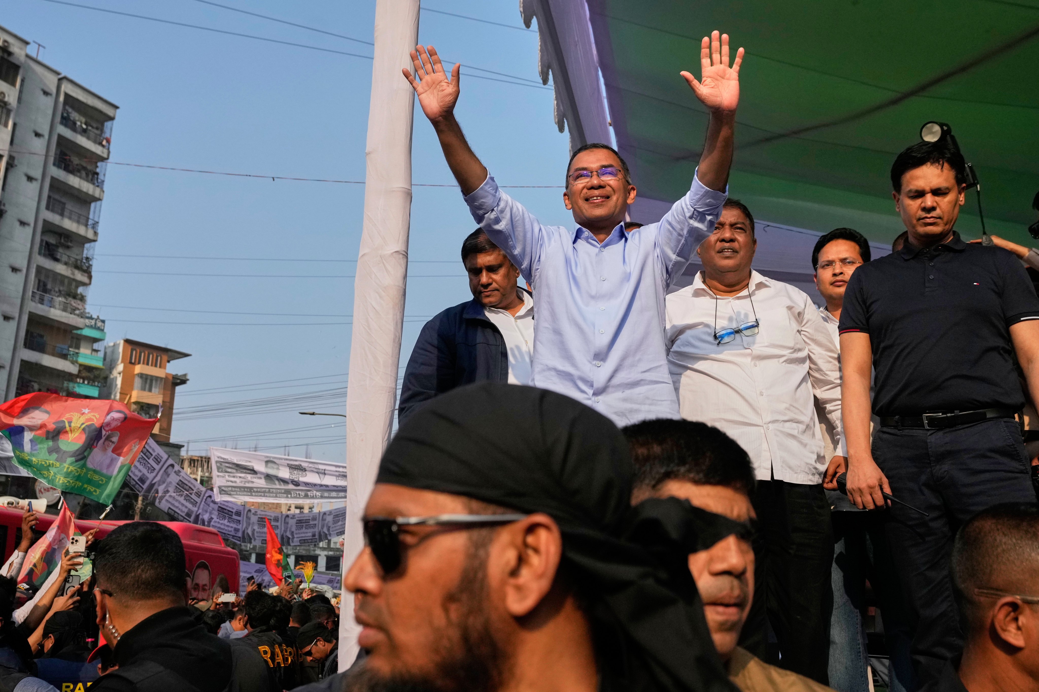 Tarique Rahman, the son of former prime minister Khaleda Zia and chairman of the Bangladesh Nationalist Party, waves to the crowd during an election rally in Dhaka, on February 8. Photo: AP