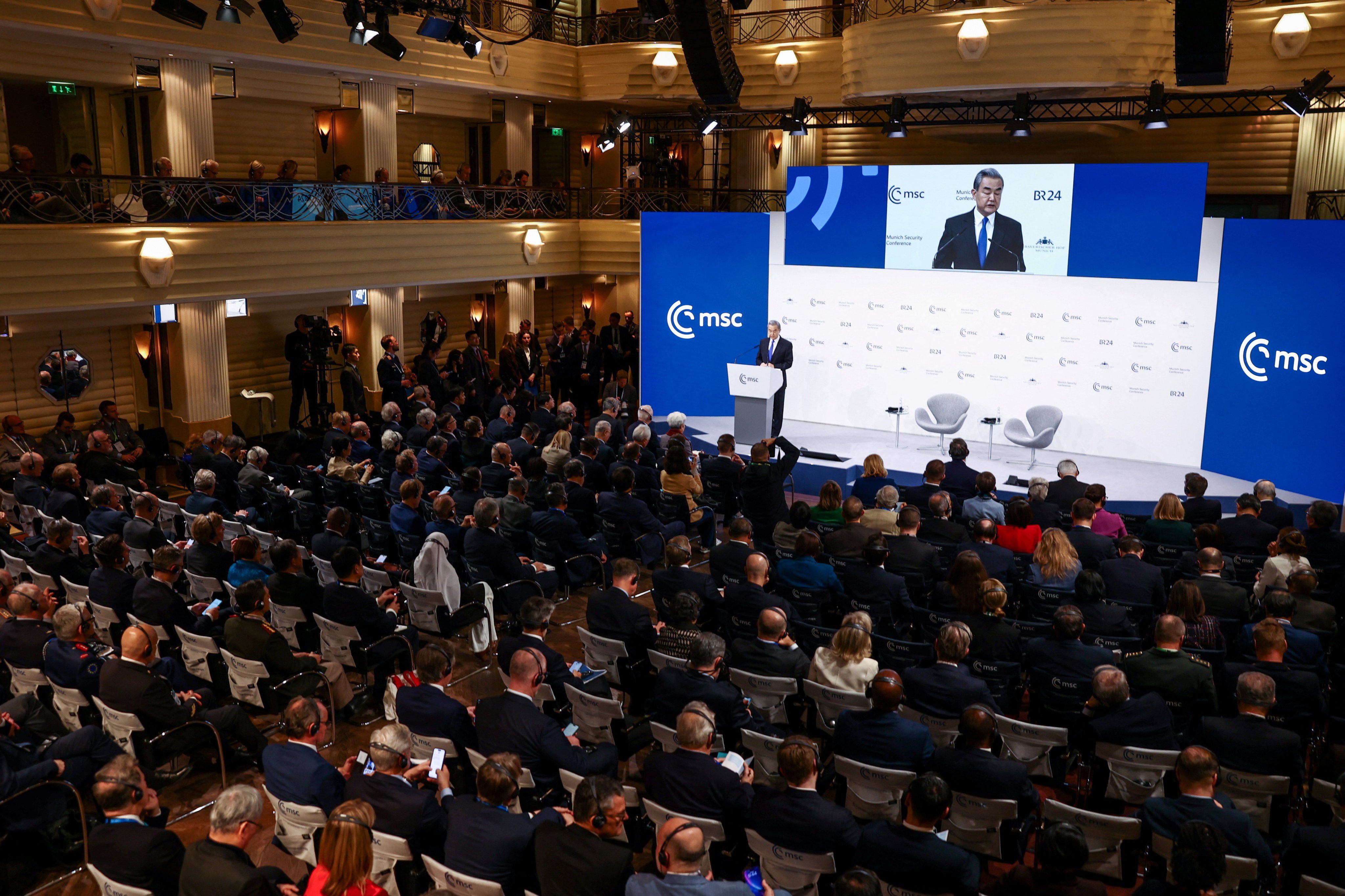 Chinese Foreign Minister Wang Yi addresses a session of the Munich Security Conference on February 14. Photo: Reuters