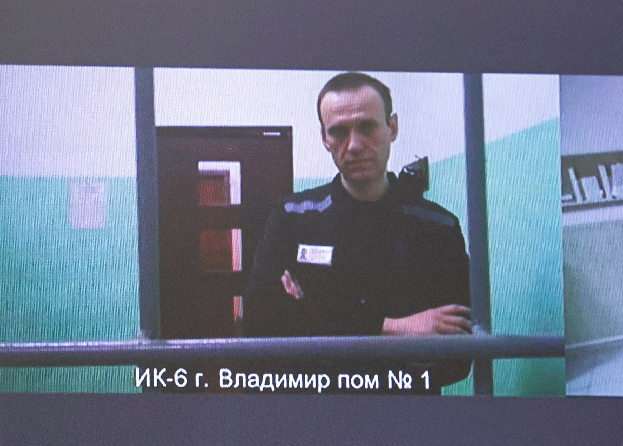 Alexei Navalny appearing on a screen via video link from the IK-6 penal colony in 2023. Photo: Reuters