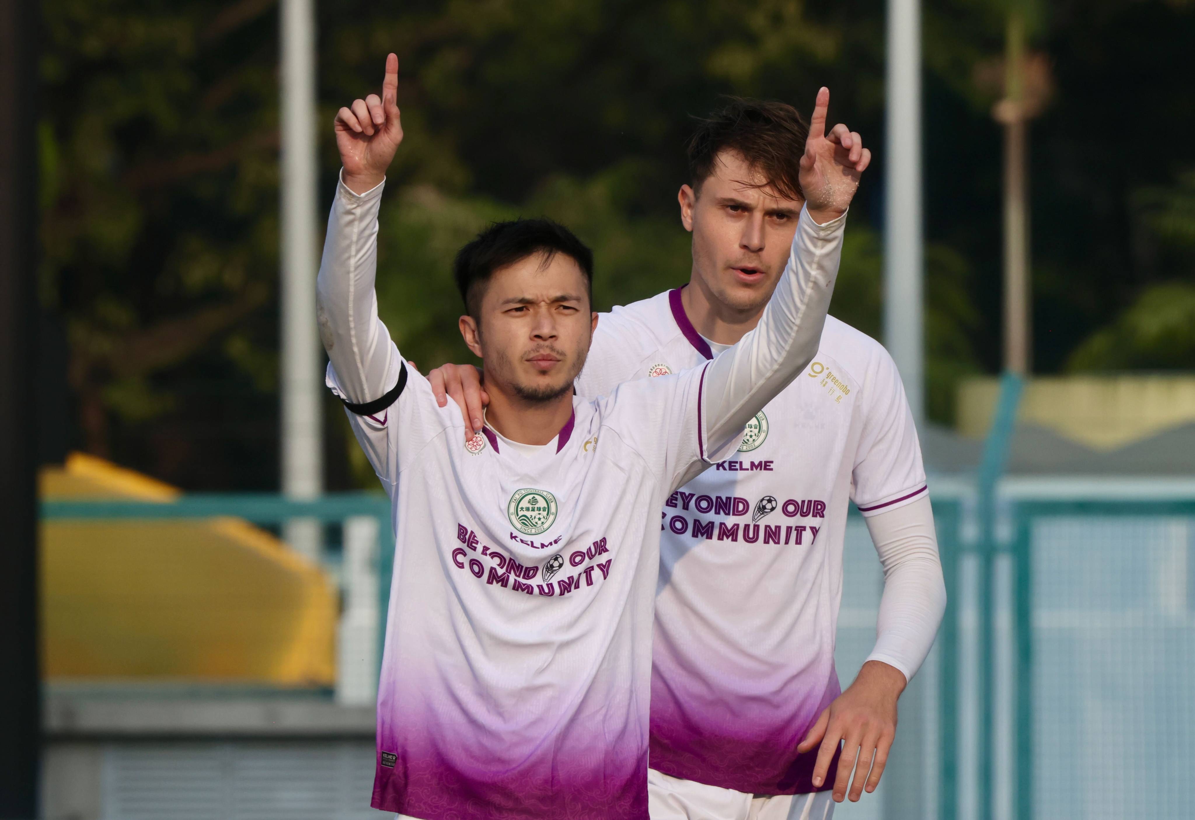 Philip Chan, here celebrating a goal against North District with James Temelkovski, says Tai Po need silverware to rescue their season. Photo: Jonathan Wong