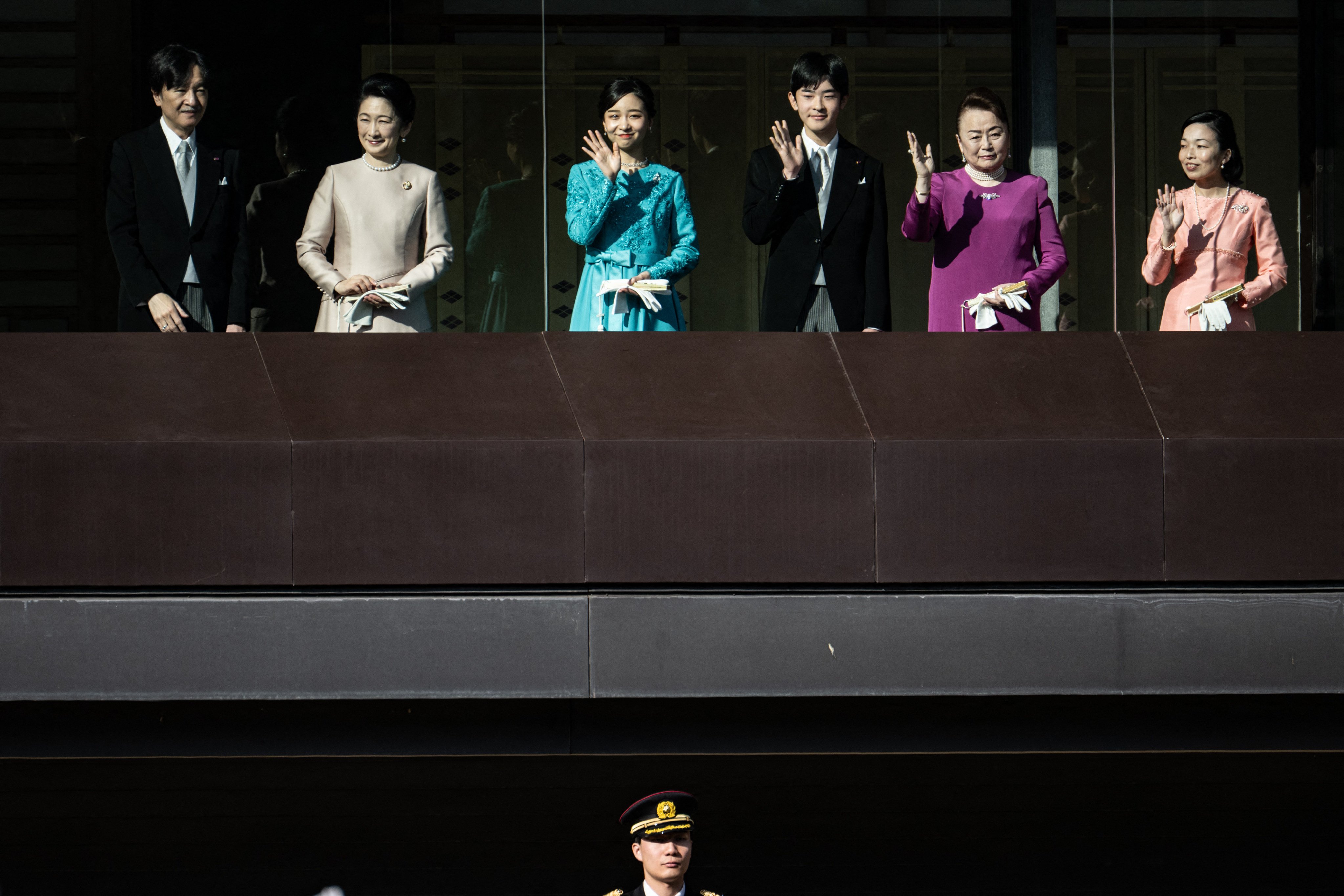 (From left) Japan’s Crown Prince Akishino, Crown Princess Kiko, Princess Kako, Prince Hisahito, Princess Nobuko and Princess Akiko attend the traditional new year’s greeting ceremony at the Imperial Palace in Tokyo on January 2. Photo: AFP