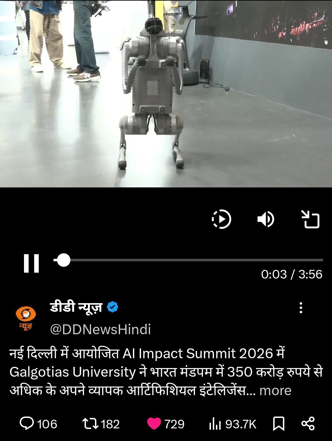 The robot dog sold by a Chinese start-up appeared at a booth run by the private Galgotias University at this week’s AI Impact Summit in New Delhi. Photo:X/zoo_bear