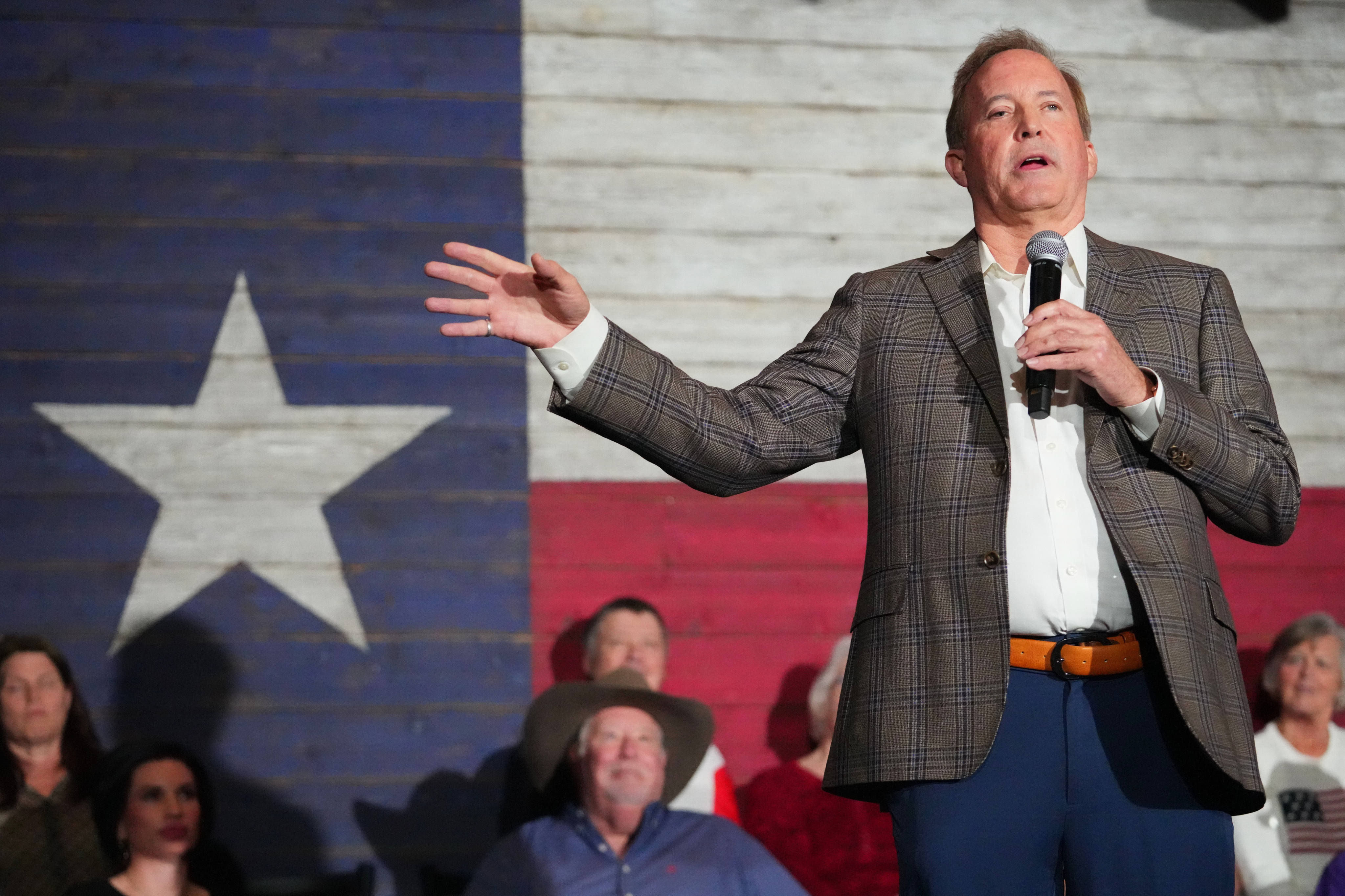 Texas Attorney General Ken Paxton speaks during a campaign event in Tyler, Texas, on Monday. Photo: AP