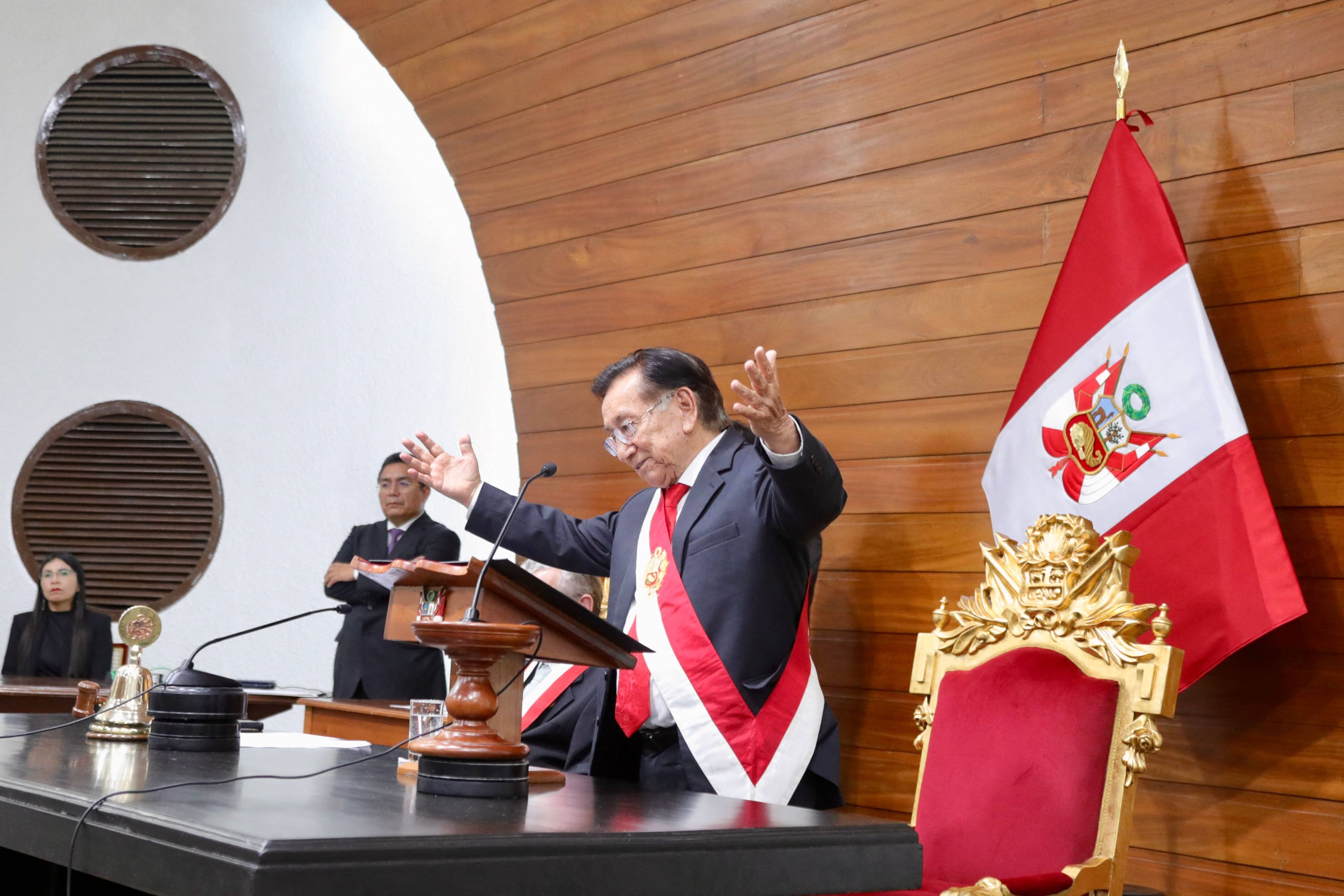 Peru’s new interim President Jose Maria Balcazar as he gives a speech. Photo: Peruvian Congress via AFP