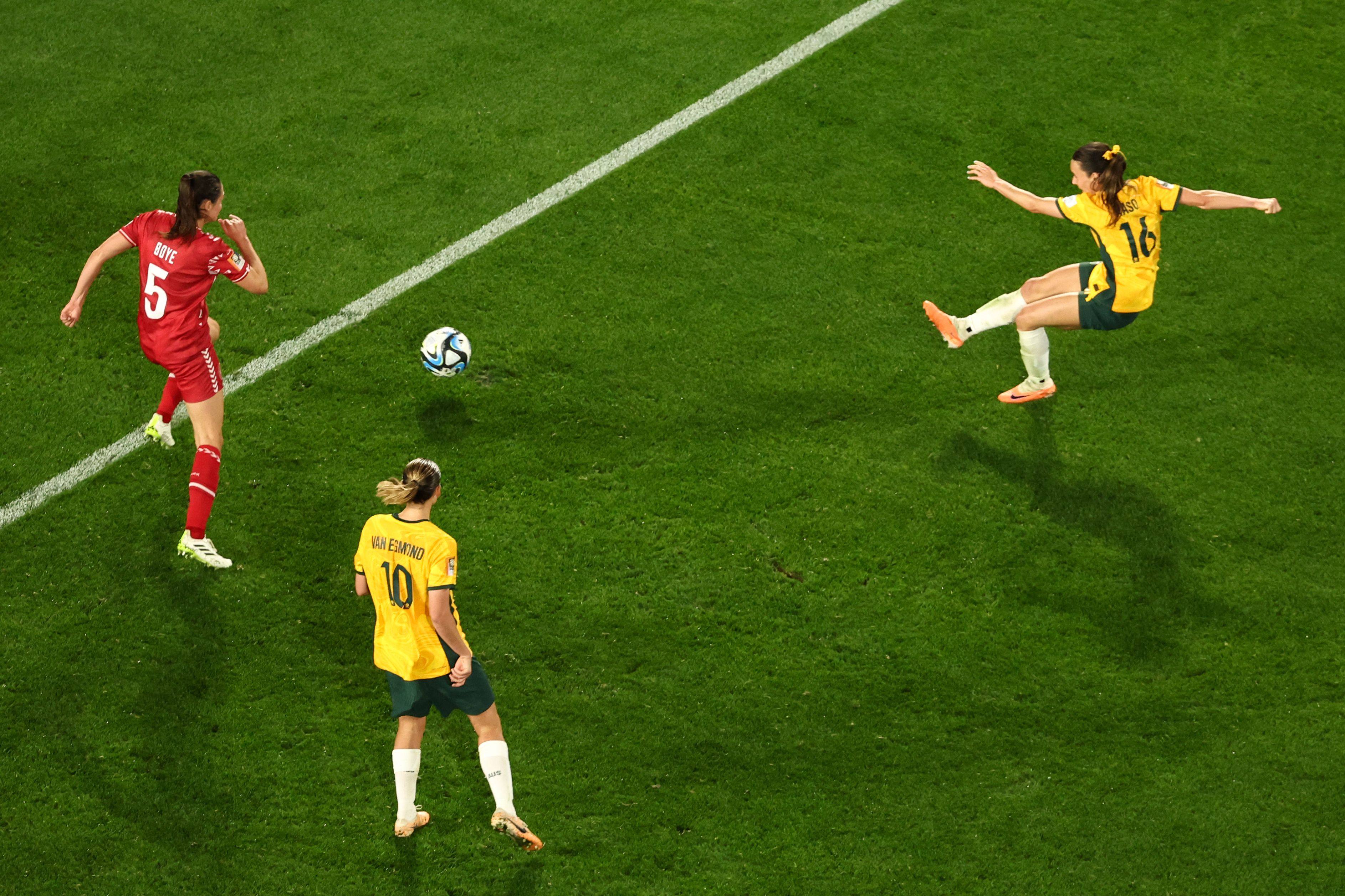 Australia’s Hayley Raso (right) scores the Matildas’ second goal in their 2-0 round-of-16 win over Denmark at the 2023 World Cup. Australia reached the semi-finals. Photo: AFP