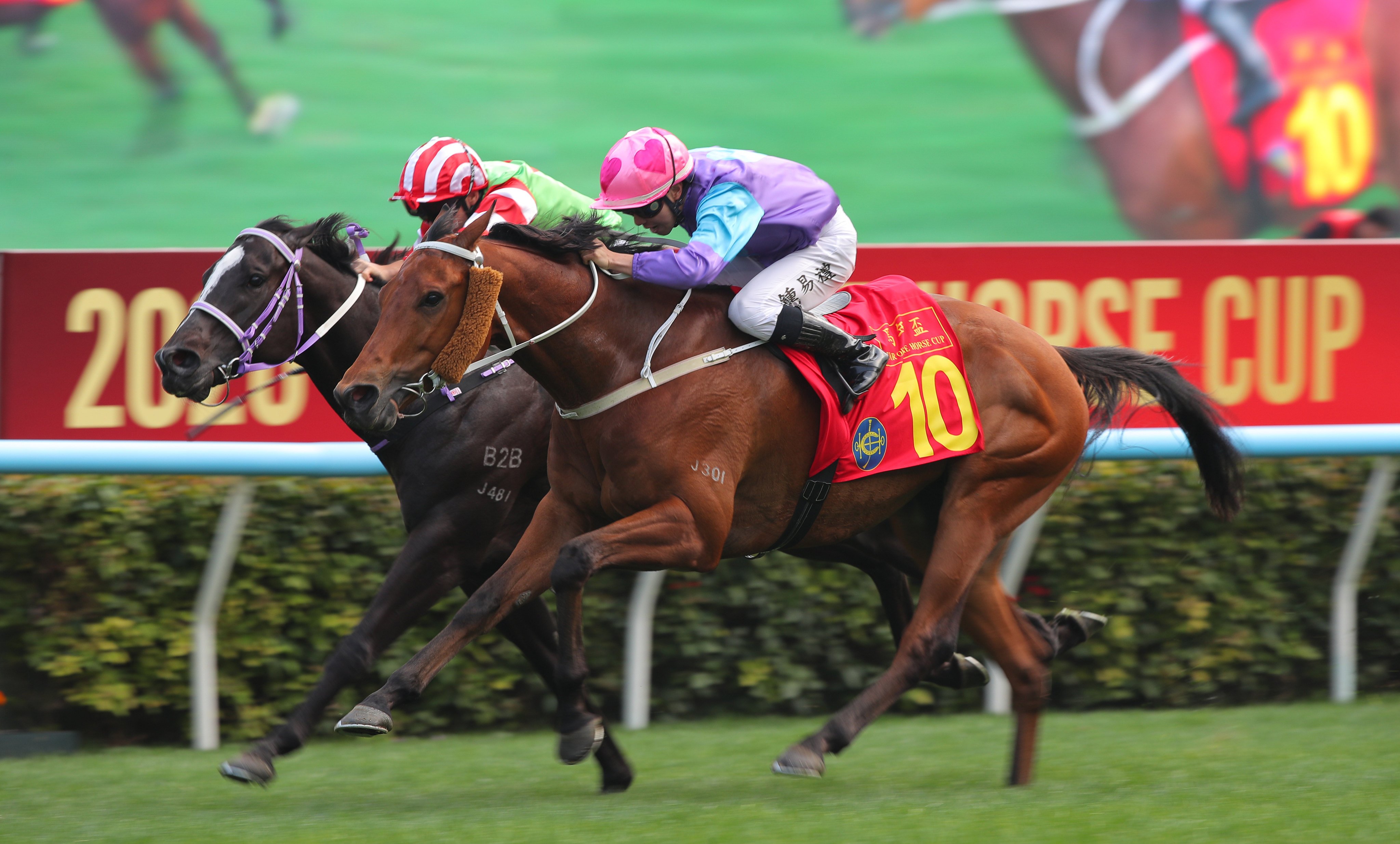 Stunning Peach gets up on the outside of Top Dragon to narrowly win the Year Of The Horse Cup. Photos: Kenneth Chan