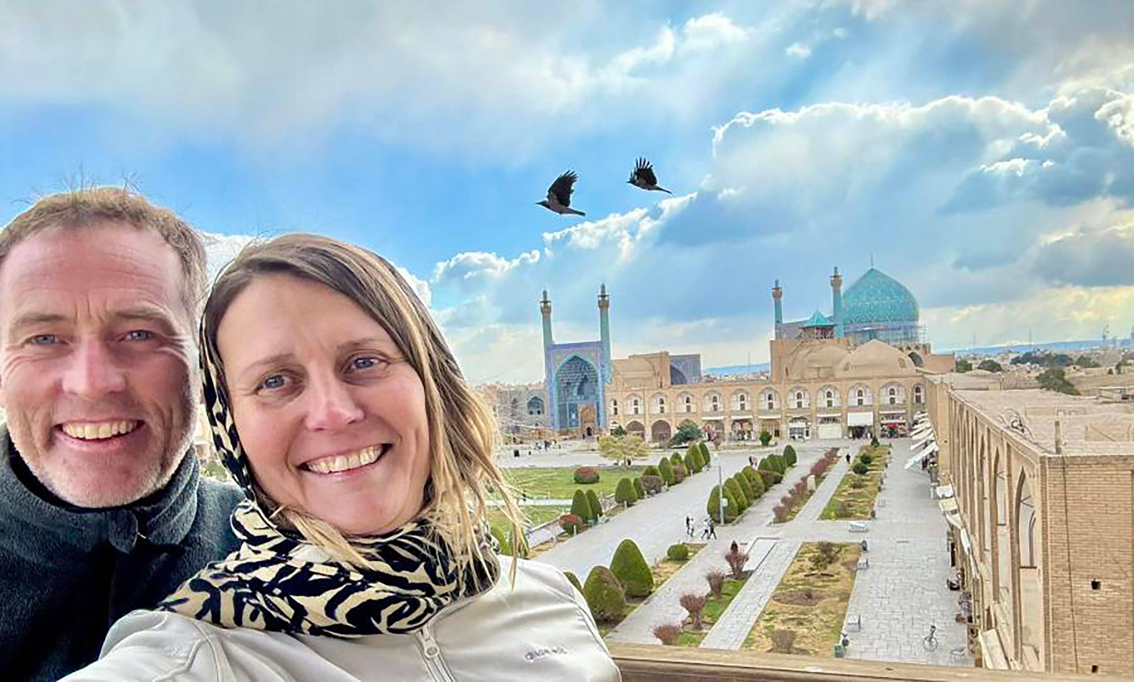 Craig and Lindsay Foreman take a selfie at Naqsh-e Jahan Square, with the Shah Mosque in the background, in Isfahan, Iran. Photo: Foreman family / AFP