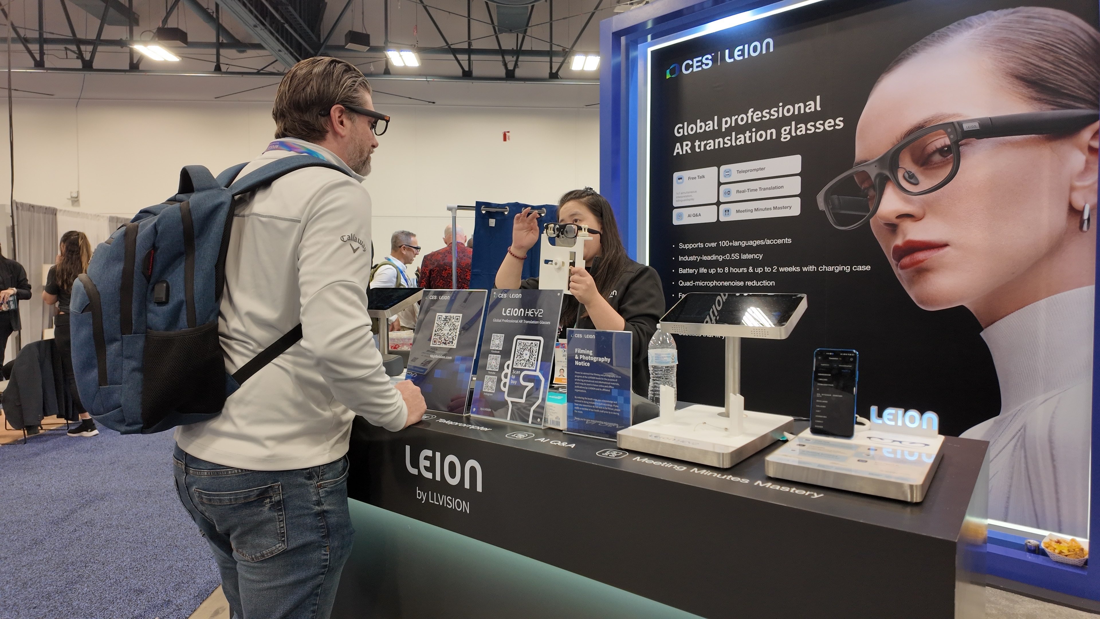 LLVision’s Leion Hey2 focuses on real-time translation at the Consumer Electronics Show (CES) 2026 in Las Vegas. Photo: Wency Chen