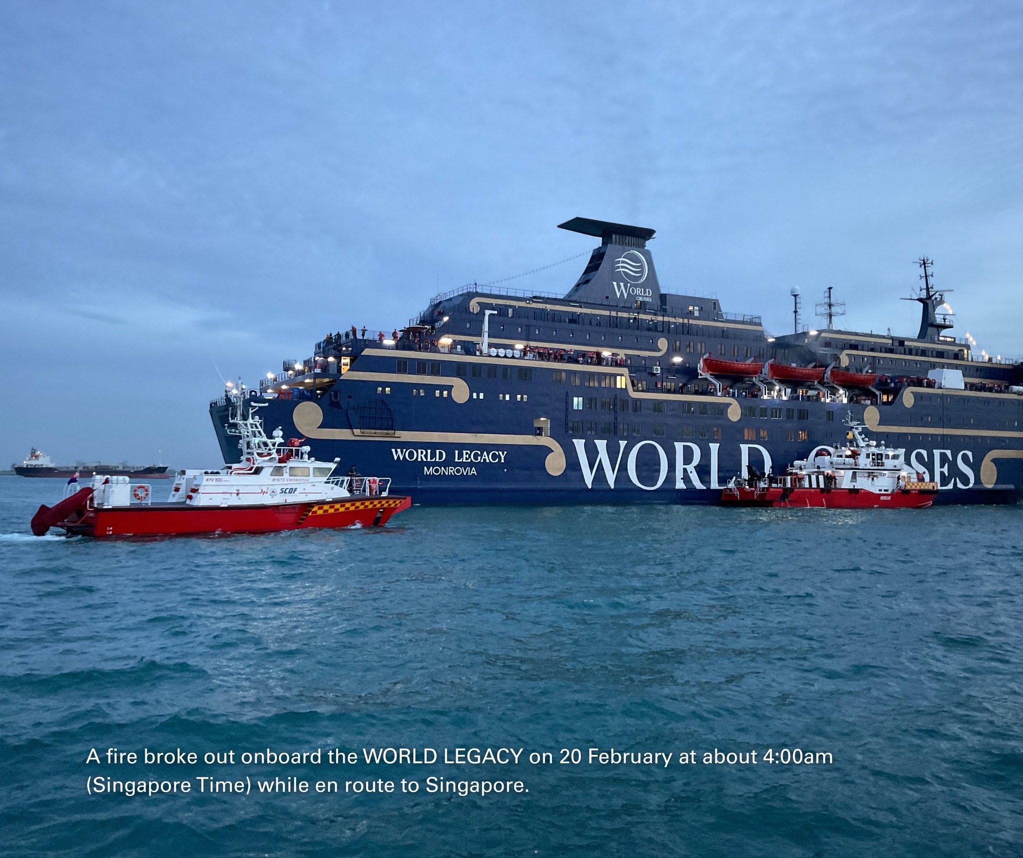 A fire broke out on deck nine of the World Legacy, a Liberia-registered cruise ship, on Friday. Photo: Facebook/MPA.SG