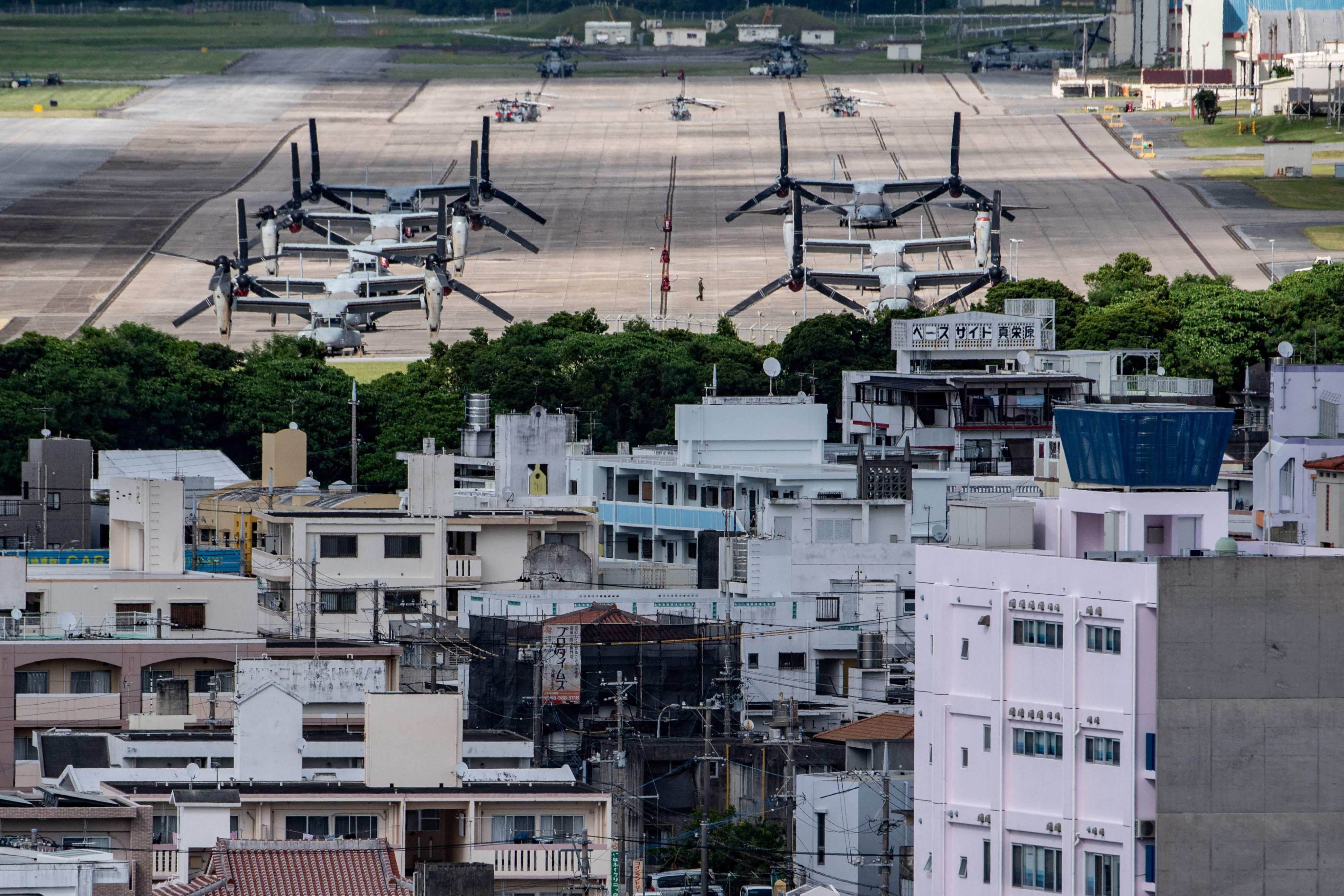 Residential buildings are seen near US Marine Corps Air Station Futenma in Ginowan, Japan’s Okinawa prefecture. Photo: AFP