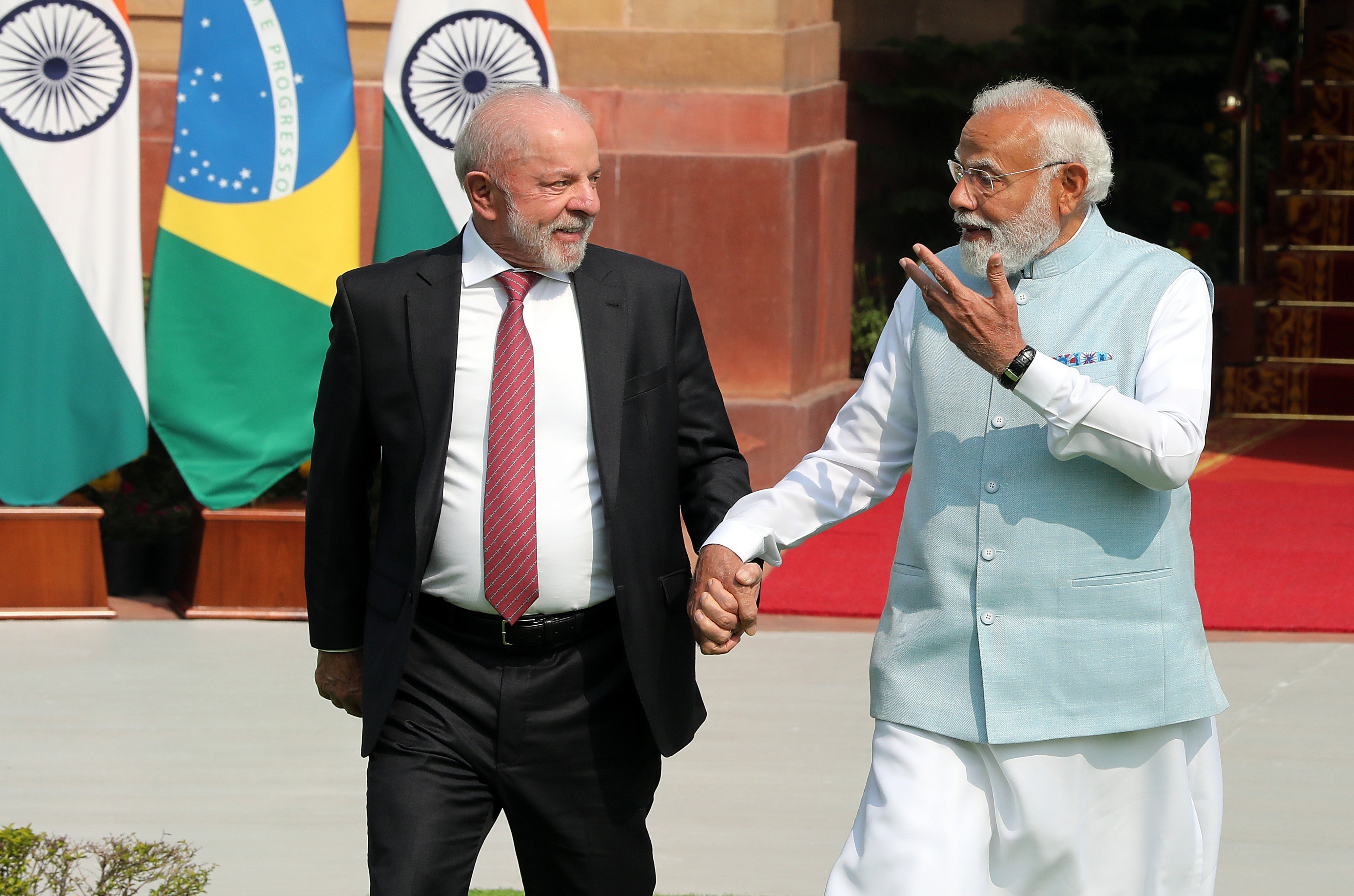 Brazilian President Luiz Inacio Lula da Silva and Indian Prime Minister Narendra Modi ahead of their meeting at Hyderabad House in New Delhi on Saturday. Photo: EPA