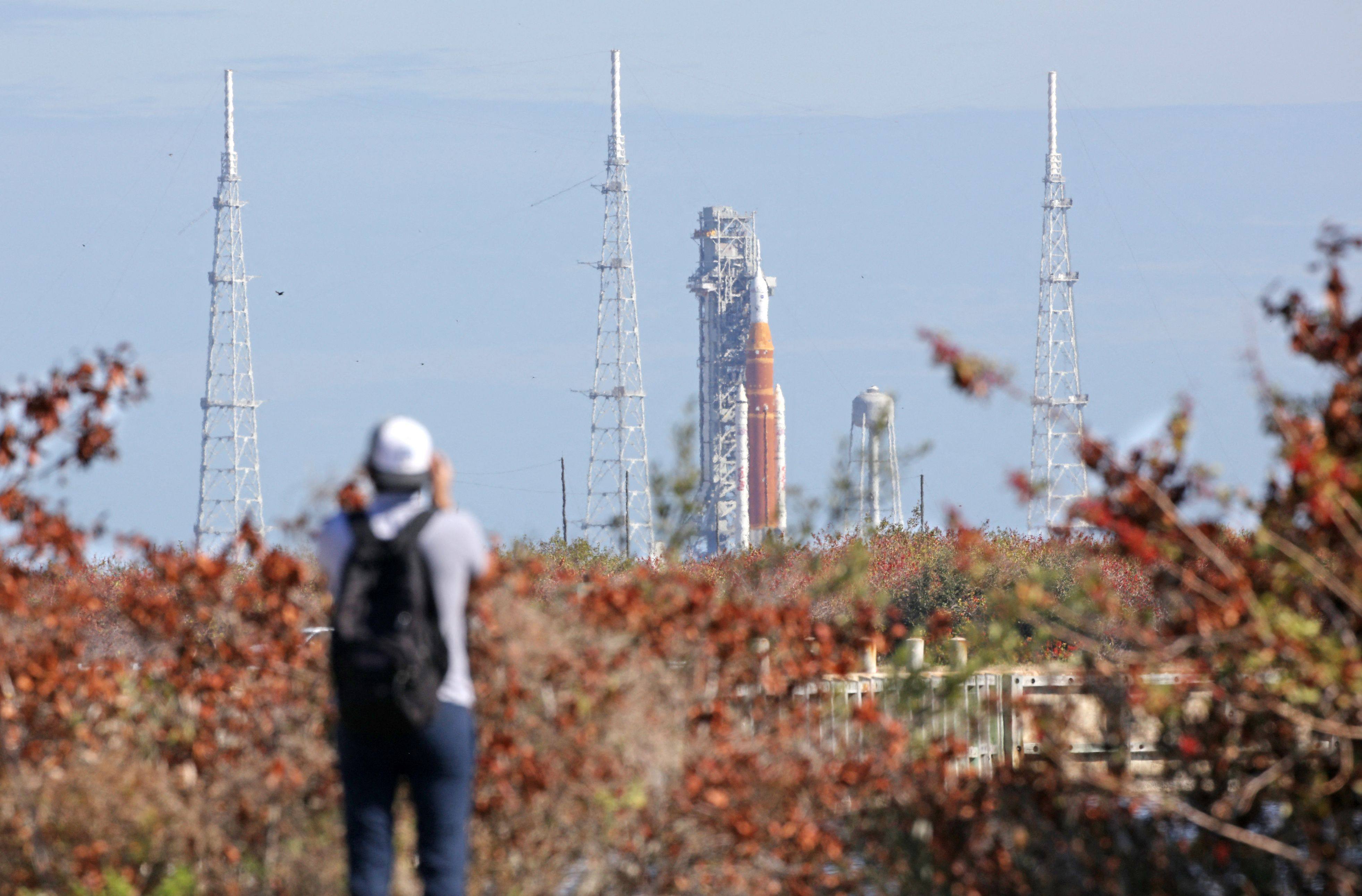 Nasa’s Artemis II Space Launch System rocket and Orion spacecraft are seen in the distance at the Kennedy Space Centre in Cape Canaveral, Florida, on Friday. Photo: AFP