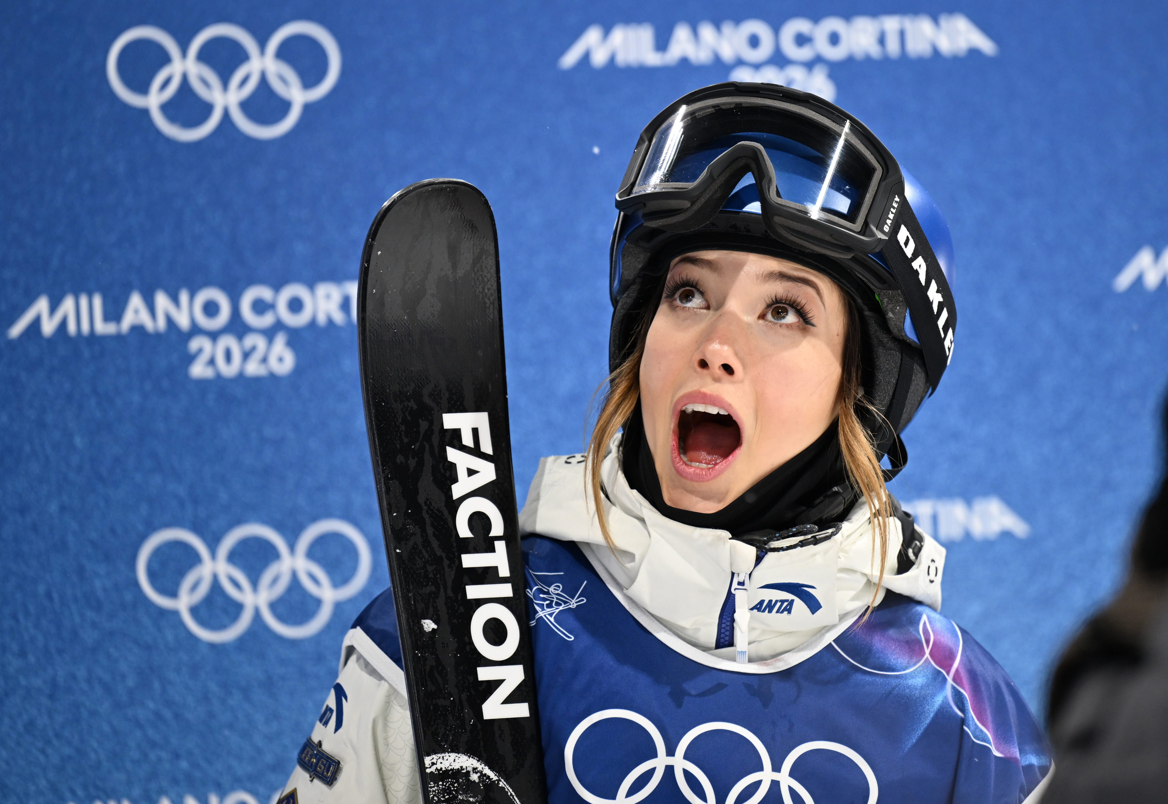 Eileen Gu reacts during the women’s freeski halfpipe qualification at the Milan-Cortina 2026 Olympic Winter Games in Livigno, Italy. Photo: Xinhua
