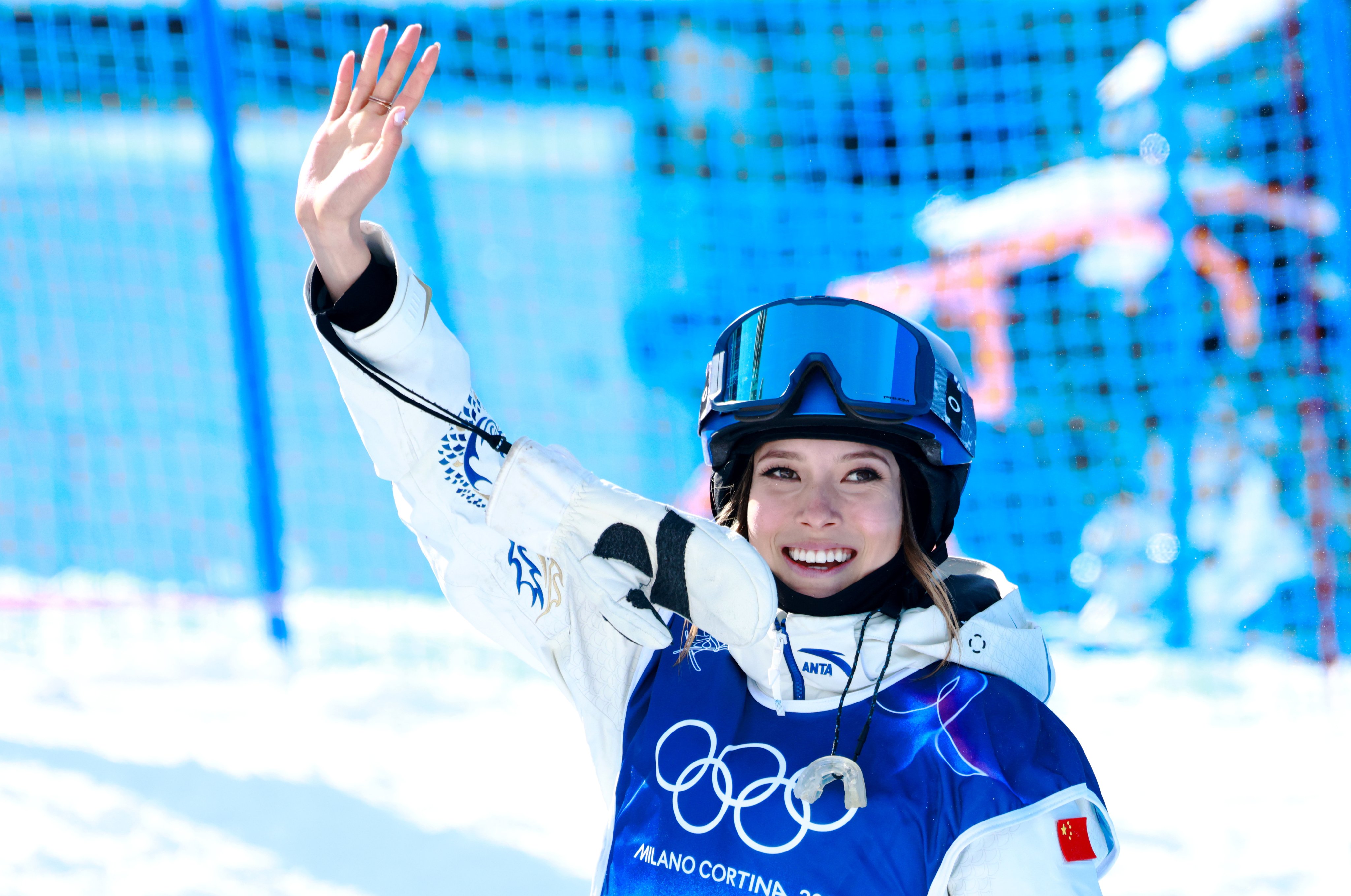 Eileen Gu celebrates after her second run in the women’s freeski halfpipe final. Photo: EPA