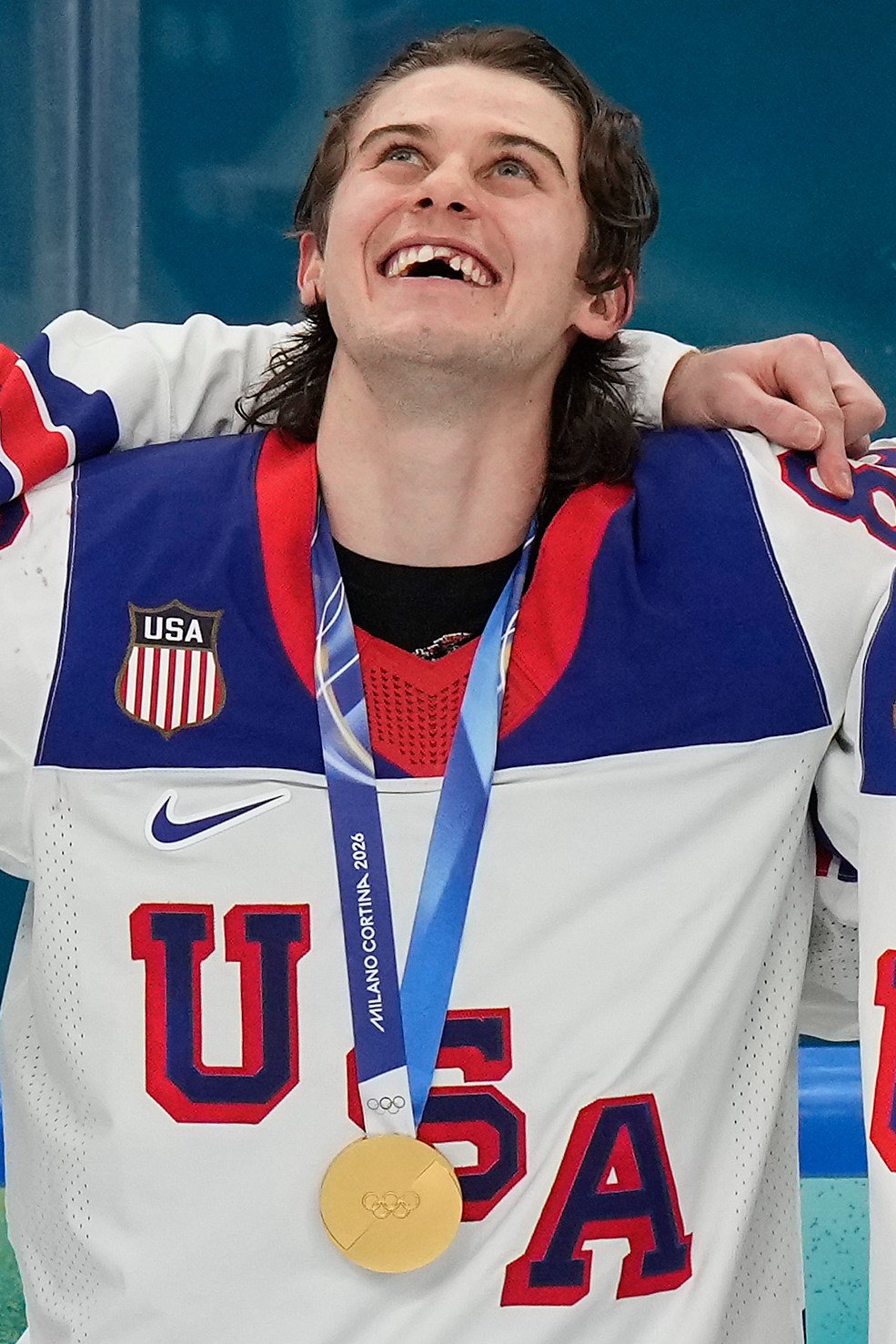 Jack Hughes receiving his gold medal after the US defeated Canada in the men’s ice hockey gold medal game at the 2026 Winter Olympics. Photo: AP