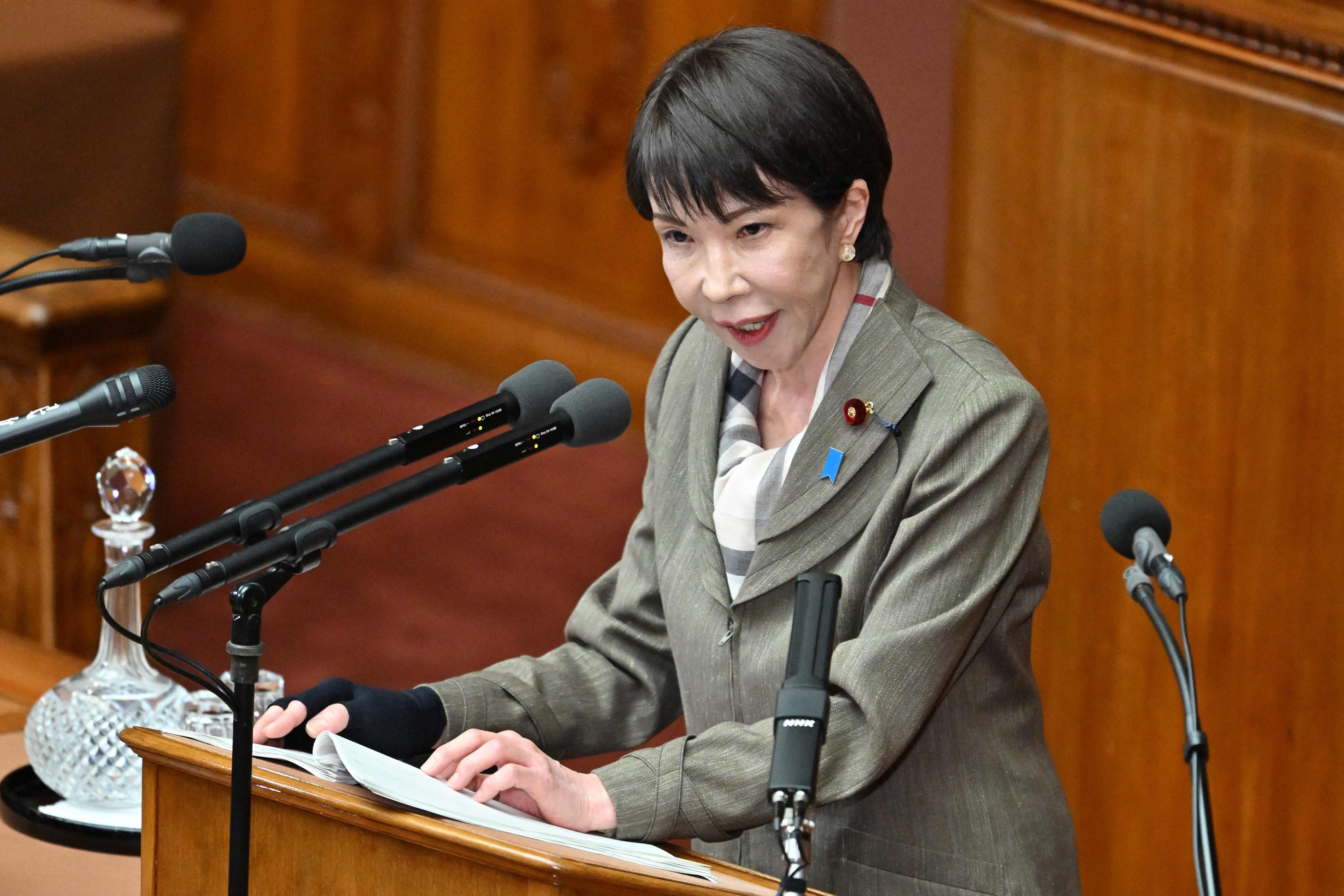 Japan’s Prime Minister Sanae Takaichi answers questions during a plenary session of the House of Representatives in Tokyo on February 24. Photo: AFP