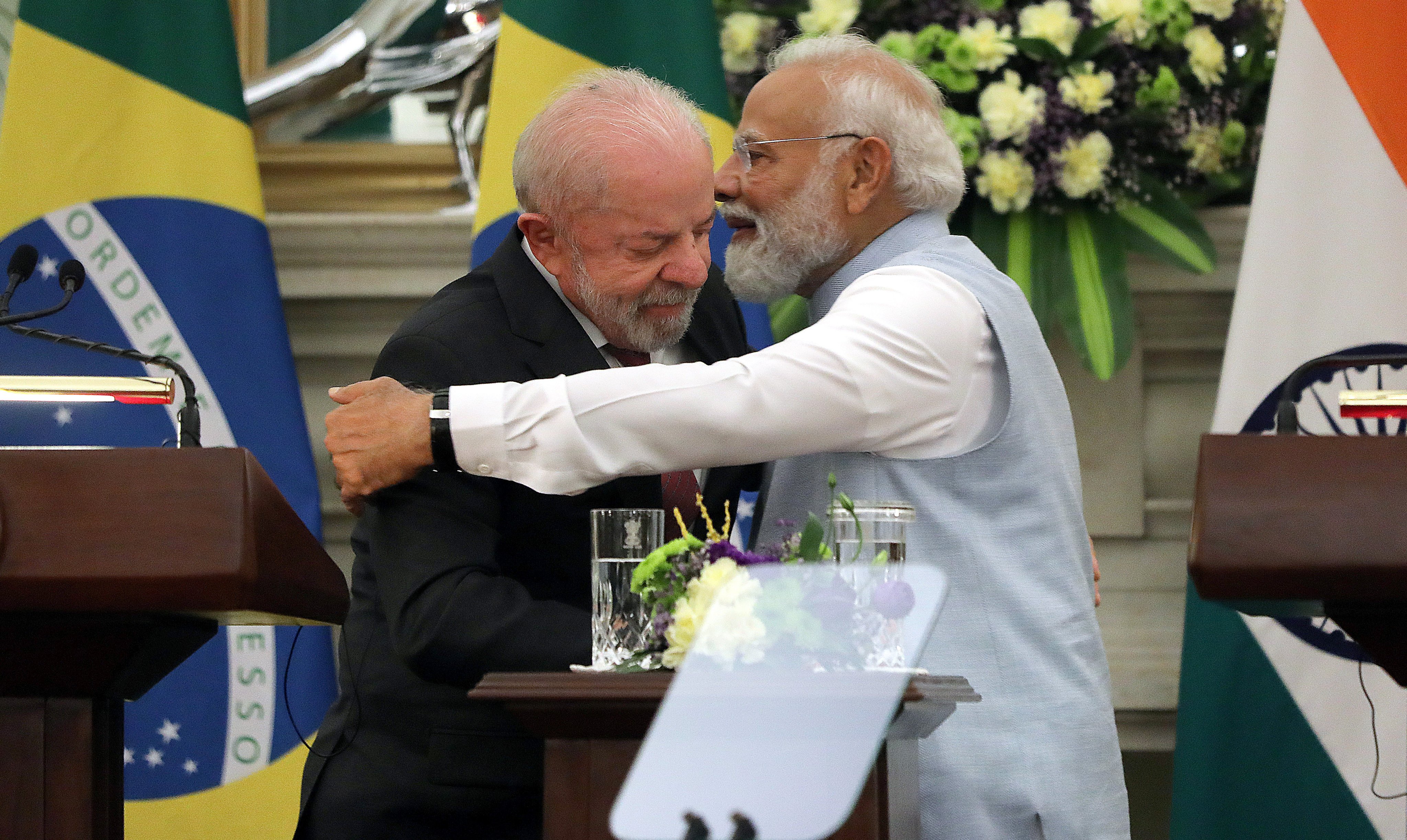 Brazilian President Luiz Inacio Lula da Silva and Indian Prime Minister Narendra Modi hold a press conference after a meeting in New Delhi on Saturday. Photo: EPA