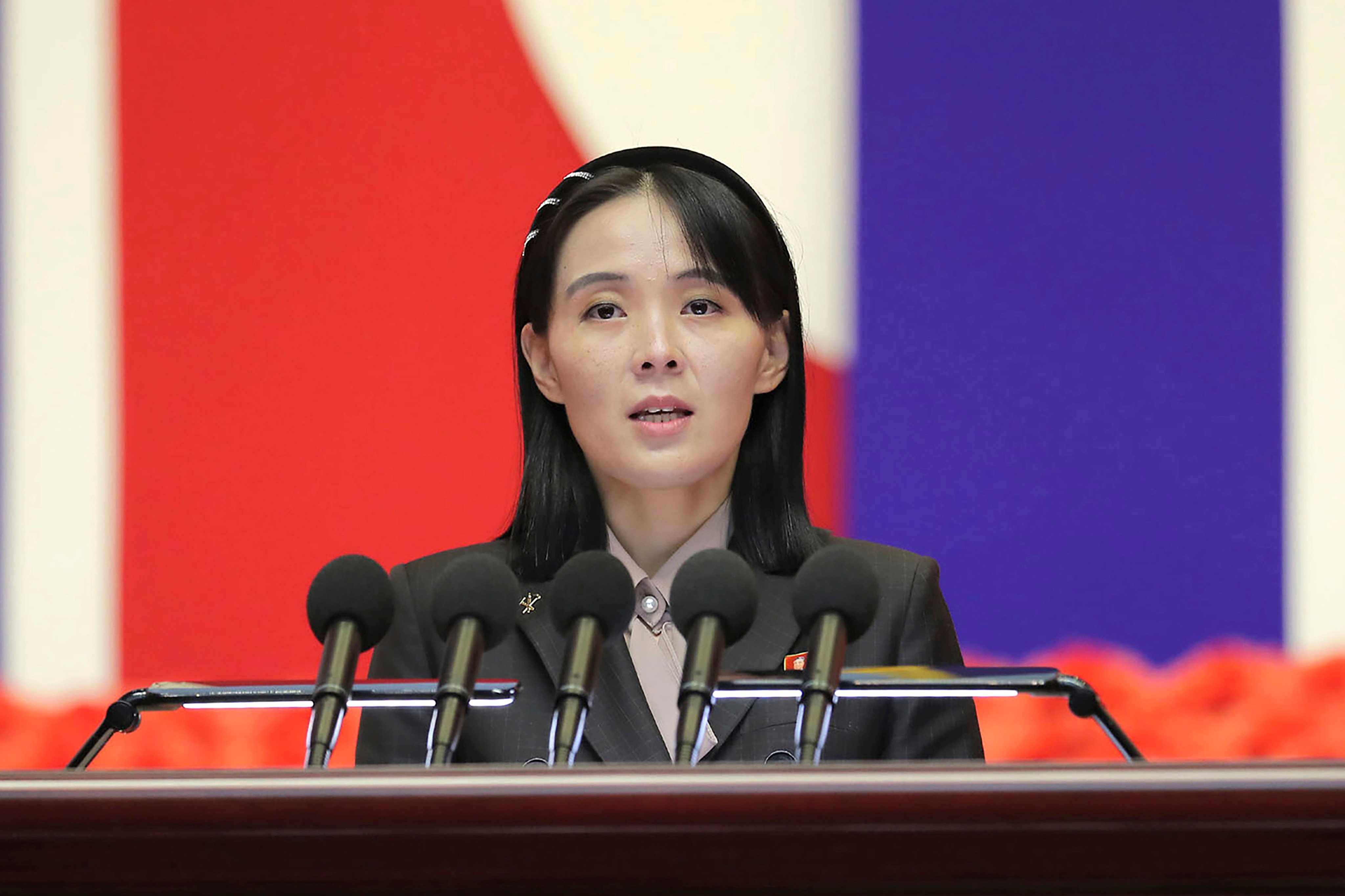 Kim Yo-jong delivers a speech during a national meeting in Pyongyang on August 10, 2022. Photo: KCNA/AP