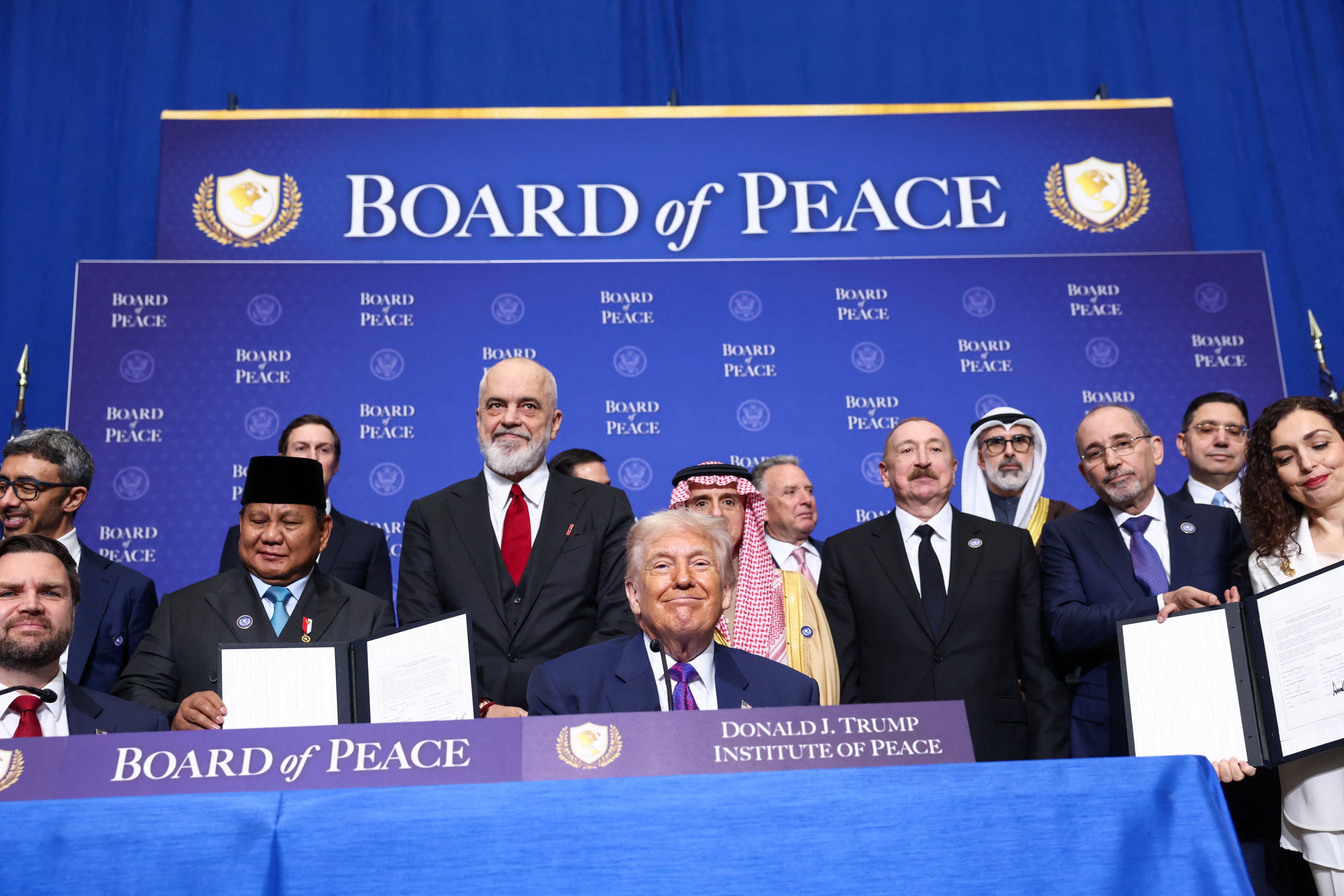 US President Donald Trump, Indonesian President Prabowo Subianto and other leaders at the Board of Peace’s first meeting at the US Institute of Peace in Washington on Thursday. Photo: Reuters