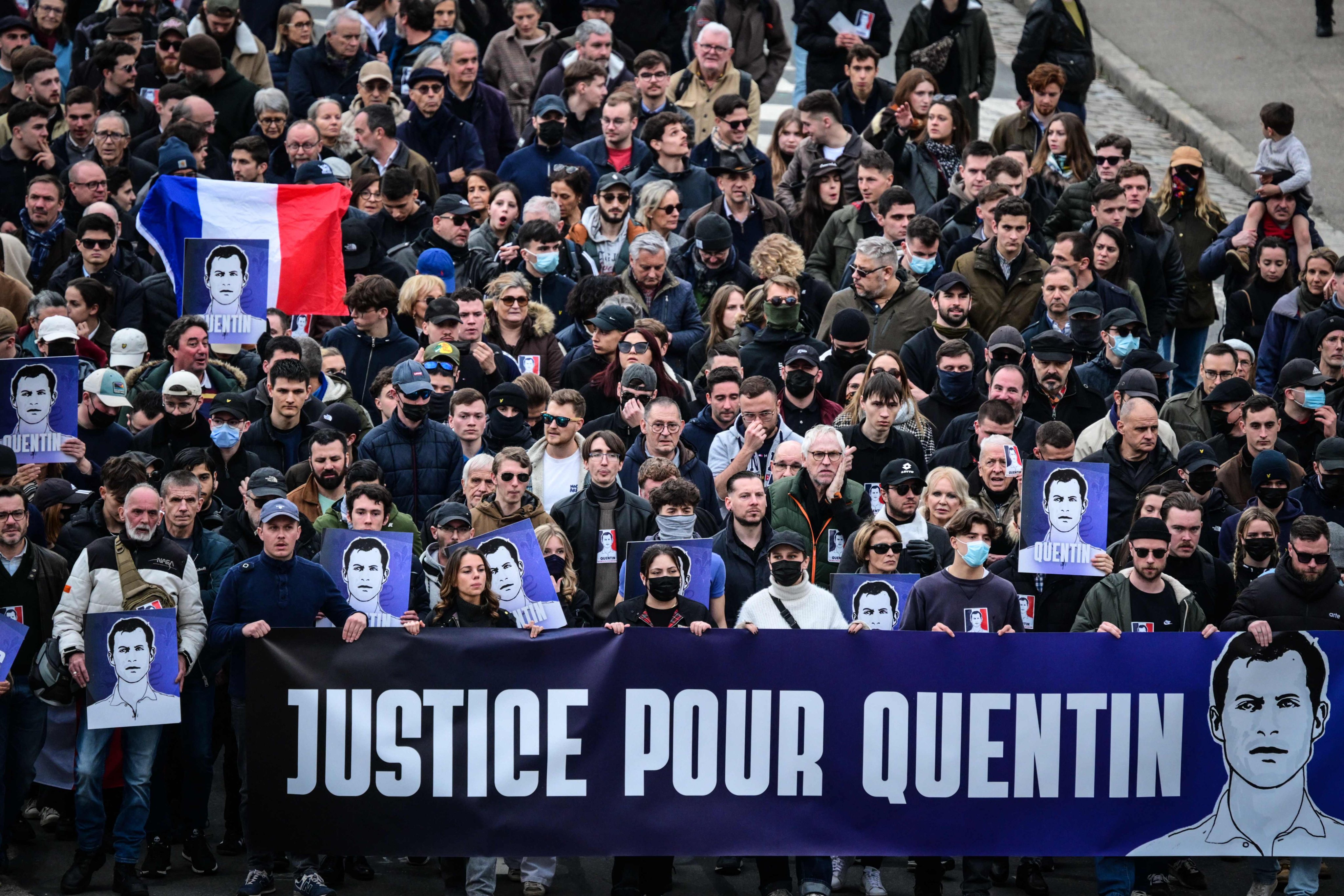 Protesters pay tribute to far-right activist Quentin Deranque during a rally in Lyon, France, on Saturday. Photo: AFP