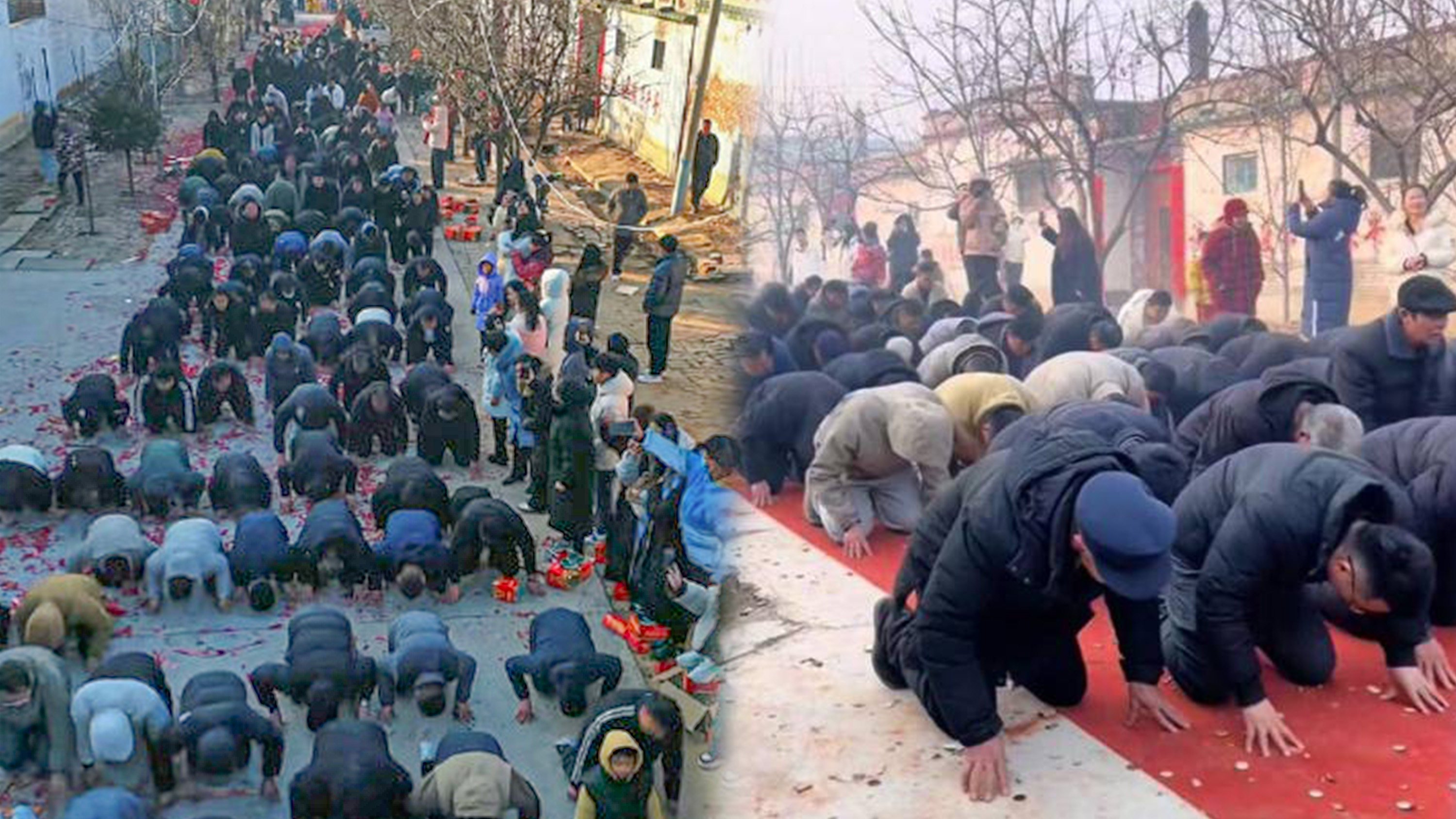 A Chinese village held a stunning ceremony where 600 men bowed in homage to their ancestors, igniting discussions online about tradition versus patriarchy, as women looked on. Photo: SCMP composite/Weibo