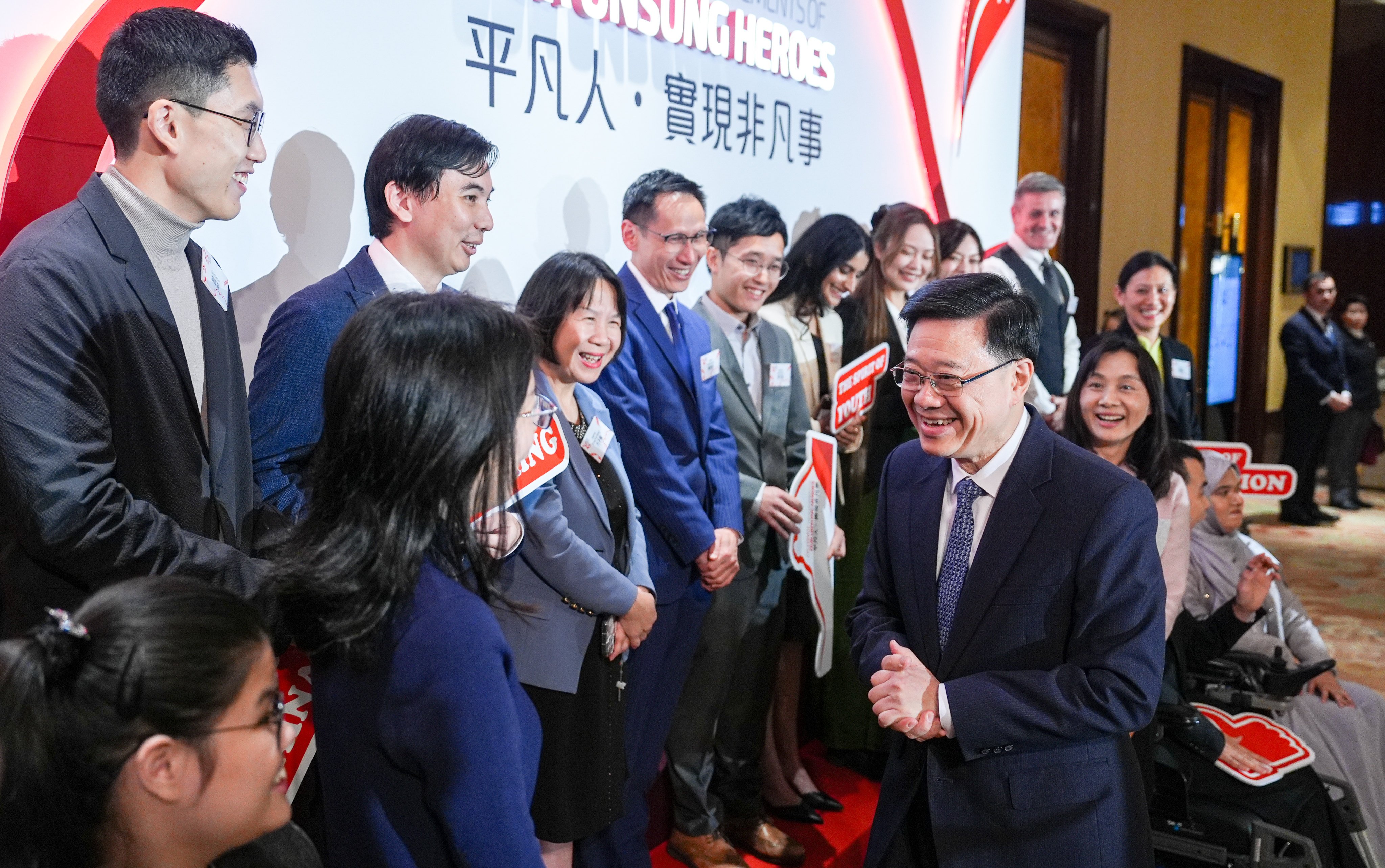 Chief Executive John Lee Ka-chiu greets finalists and guests of the Spirit of Hong Kong Awards at the Grand Ballroom of Conrad Hotel in Admiralty on February 24. Photo: Eugene Lee