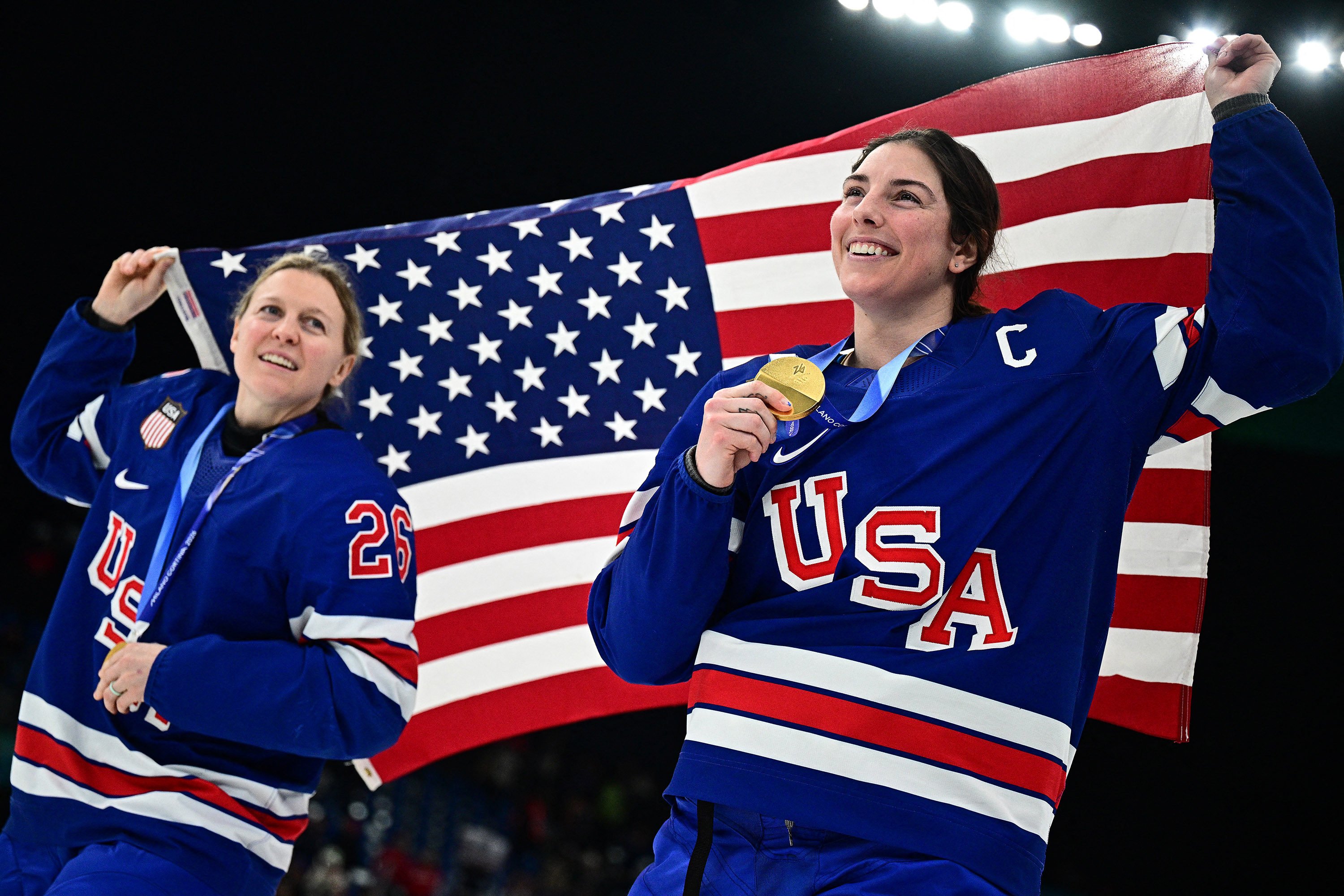 Hilary Knight celebrates during the medal ceremony for Women’s Ice Hockey in Milan, Italy, on February 19. Photo: TNS