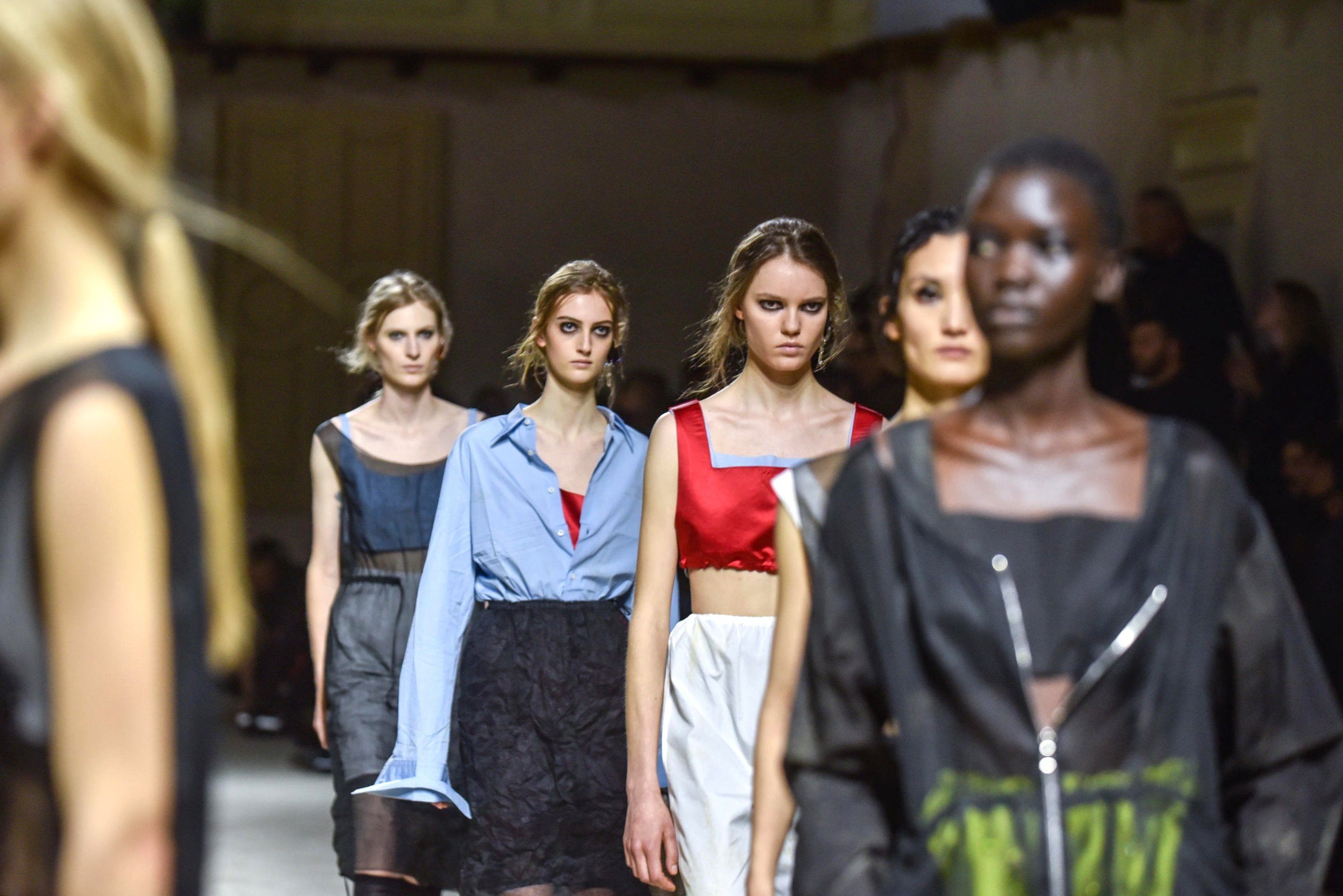 Models in a semi-state of undress at Prada. Photo: EPA