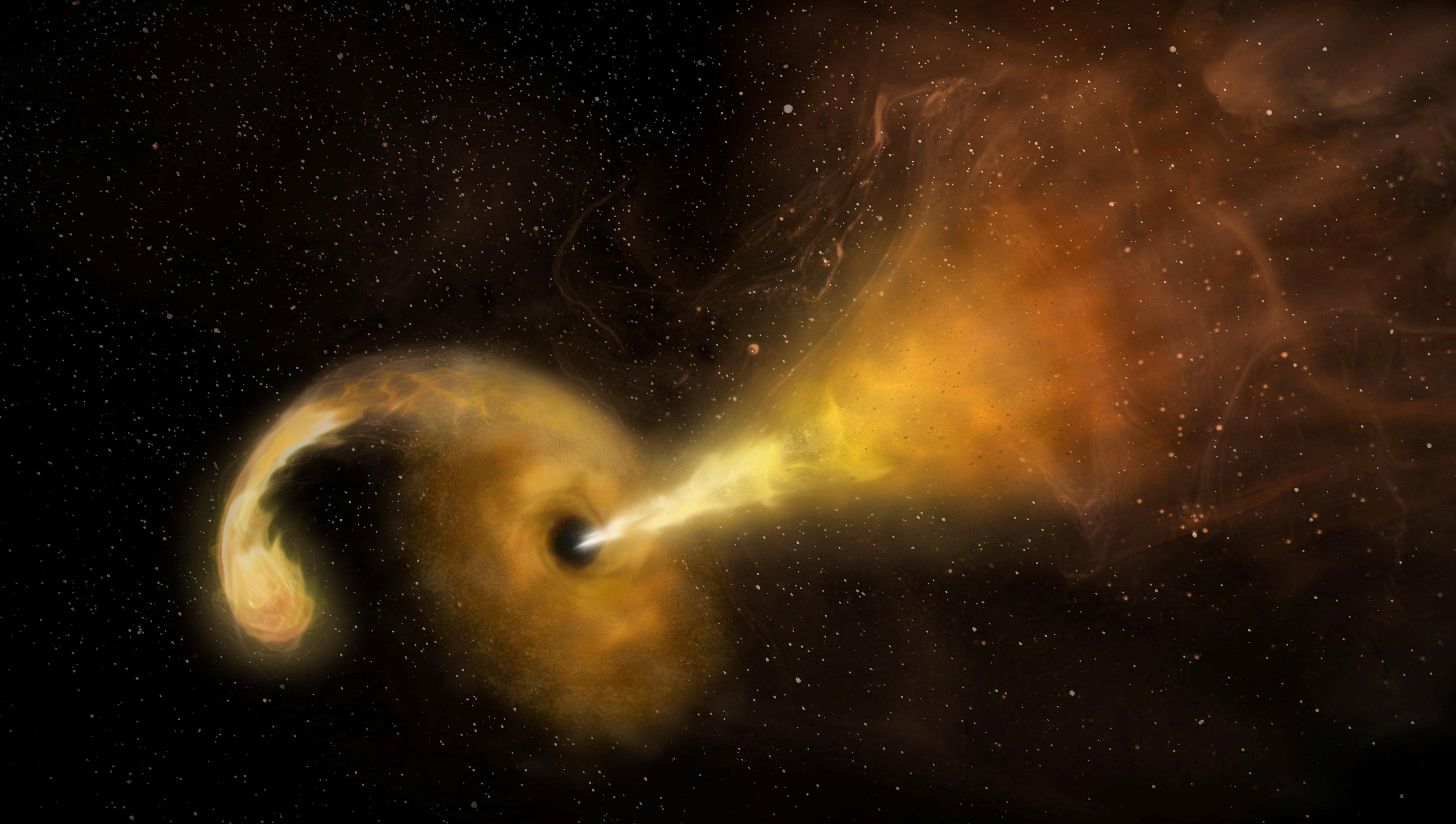 The jet of a supermassive black hole, emerging from a star it devoured, is intensifying and unprecedentedly bright, captivating scientists’ attention. Photo: NRAO/AUI/NSF/NASA/Handout via  Reuters