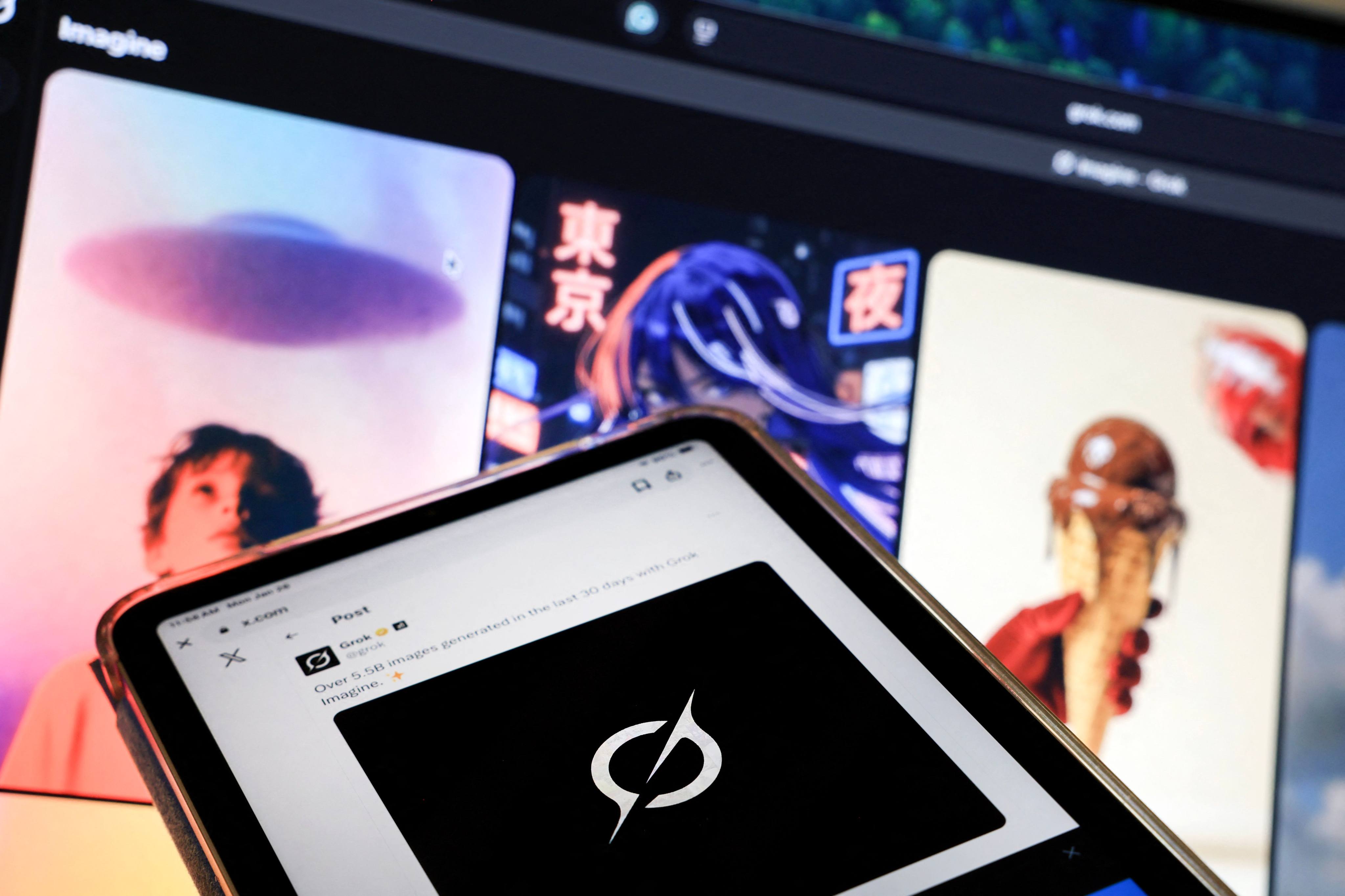 A link to the Grok website is seen in a social media post. Grok released a feature in December that allowed users to generate non-consensual sexualised images of women and children. Photo: Getty Images