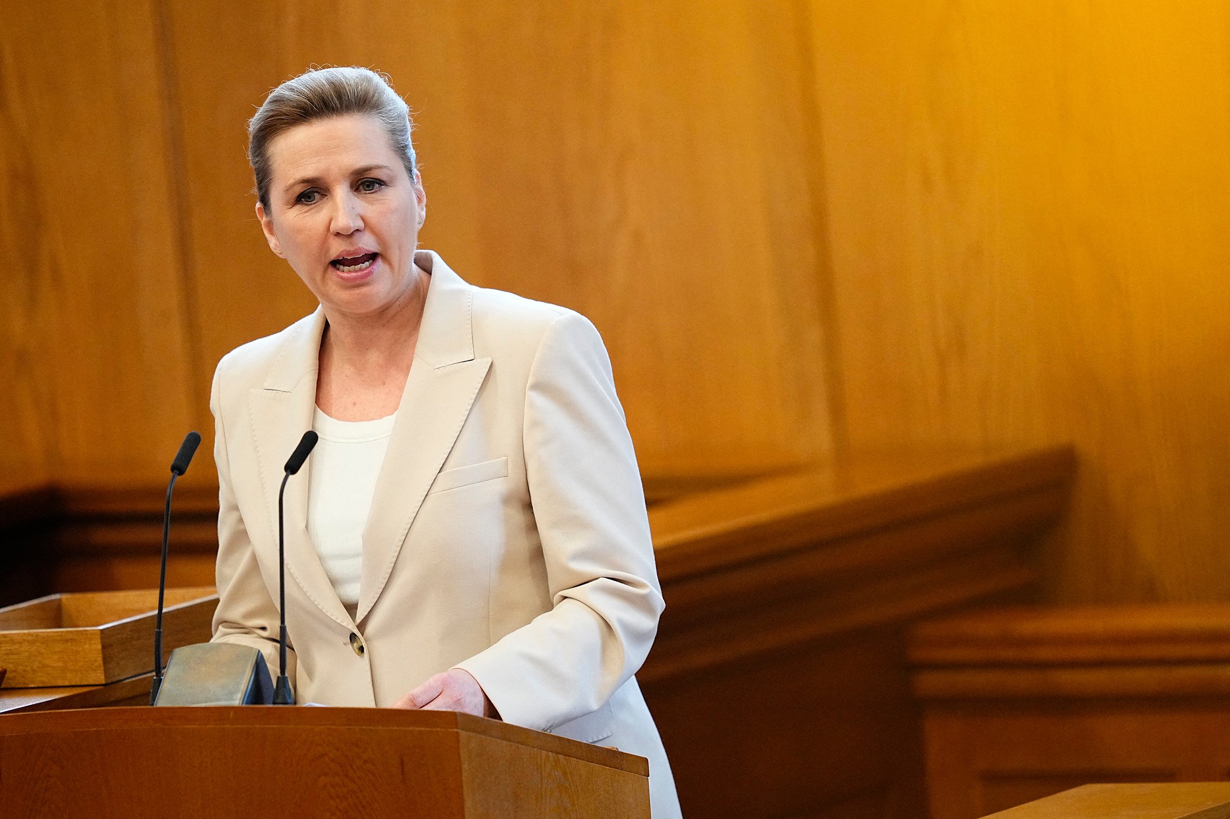Danish Prime Minister Mette Frederiksen calls for parliamentary election in the Parliament Hall at Christiansborg in Copenhagen, Denmark, on Thursday. Photo: AFP via Getty Images/TNS