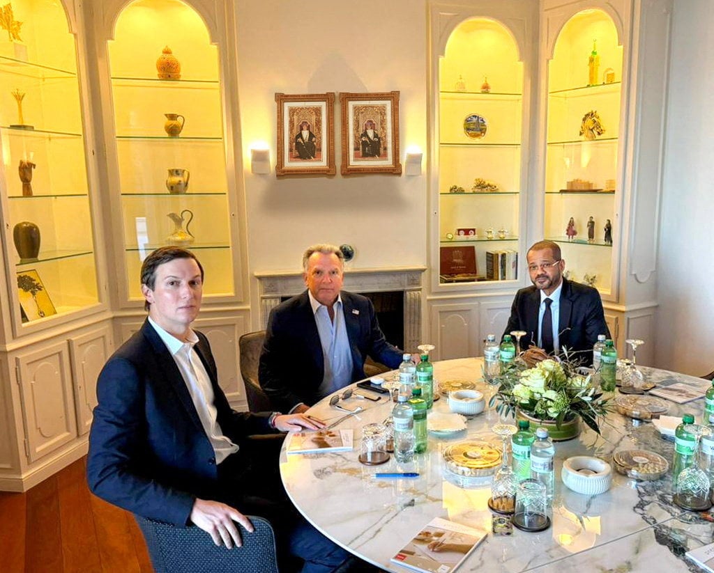 Jared Kushner and Steve Witkoff meet with Oman’s Foreign Minister Badr al-Busaidi in Geneva. Photo: Oman News Agency via Reuters