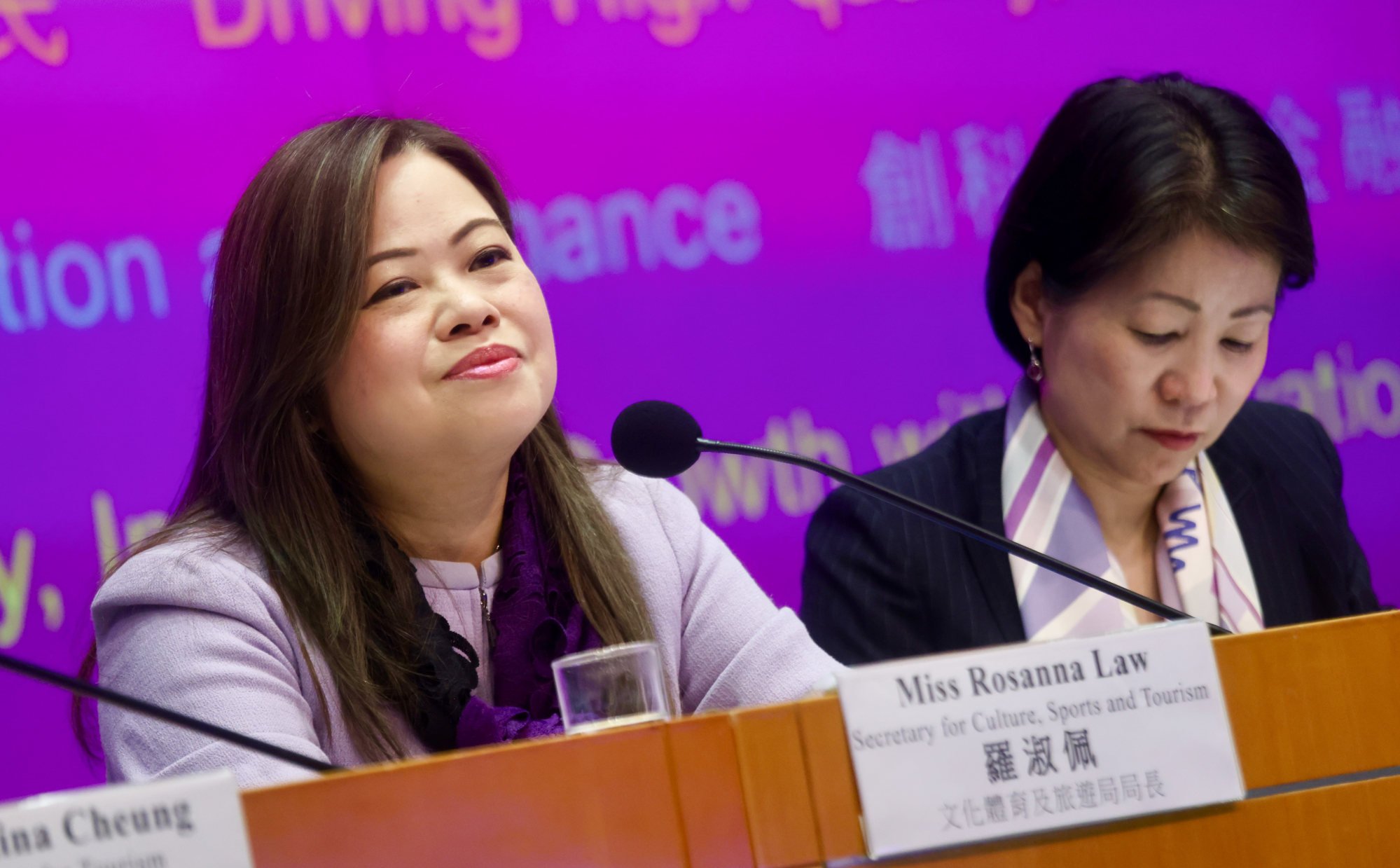 (From left) Tourism minister Rosanna Law and Permanent Secretary for Culture, Sports and Tourism Vivian Sum Fong-kwang at a post-budget press conference on Friday. Photo: Jonathan Wong
