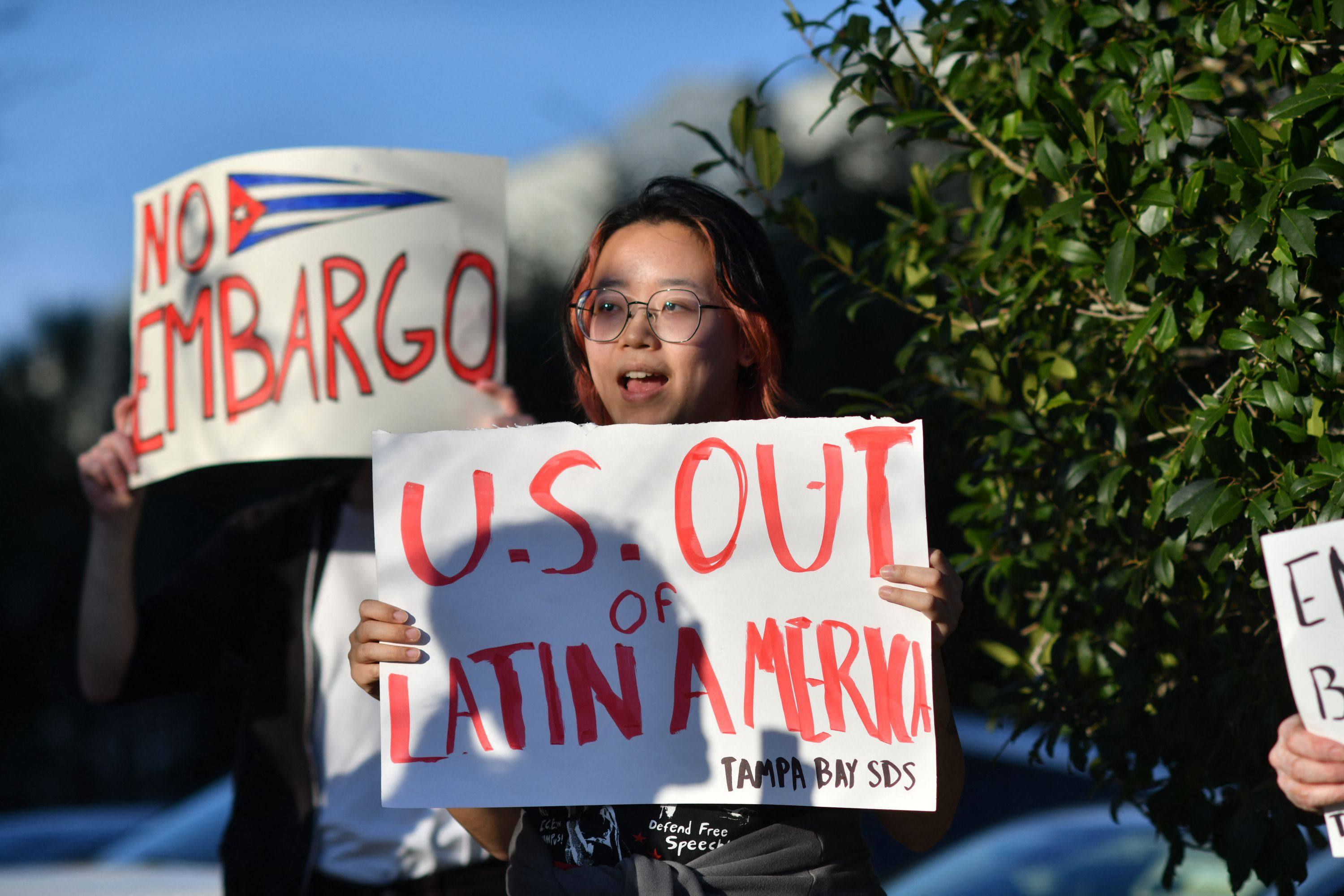 Student activists Tampa, Florida, protest against the US oil embargo on Cuba on Thursday. Photo: AFP
