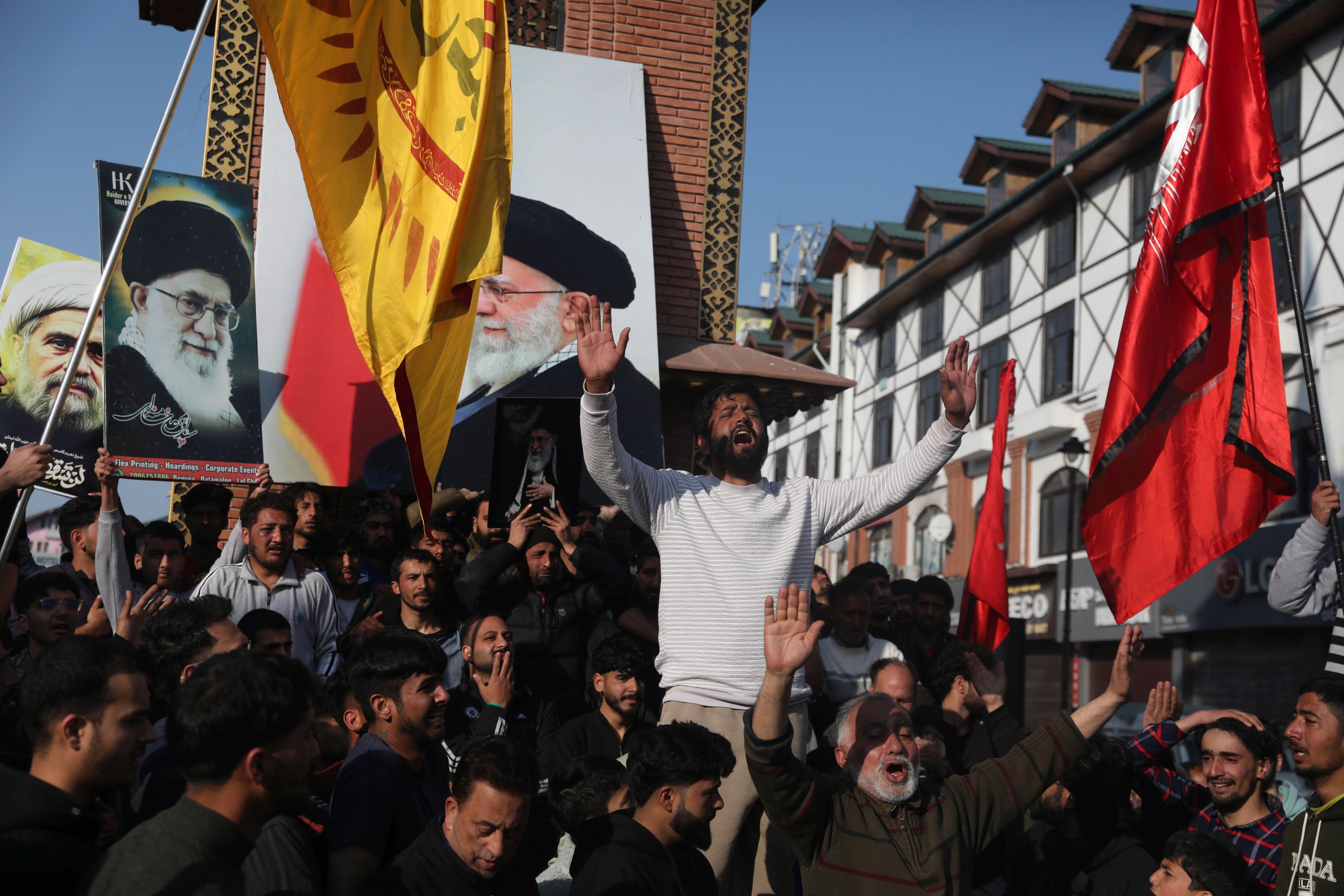 Shiite Muslims mourn the killing of Iran’s Supreme leader Ayatollah Ali Khamenei in Srinagar, India-run Kashmir, on Sunday. Photo: EPA