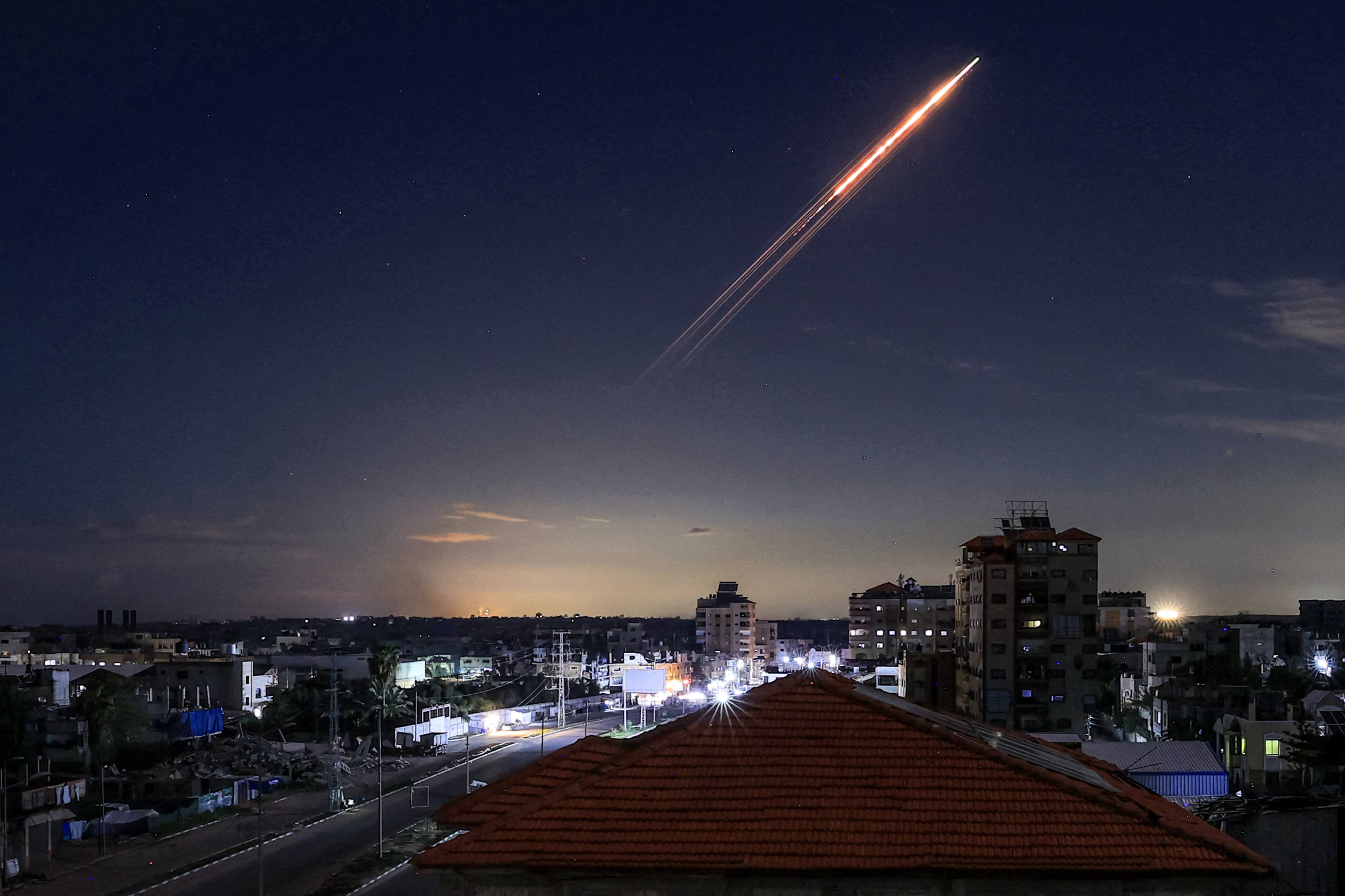 A missile launched from Iran is pictured in the sky from the Bureij camp for Palestinian refugees in the central Gaza Strip on March 1. Photo: AFP