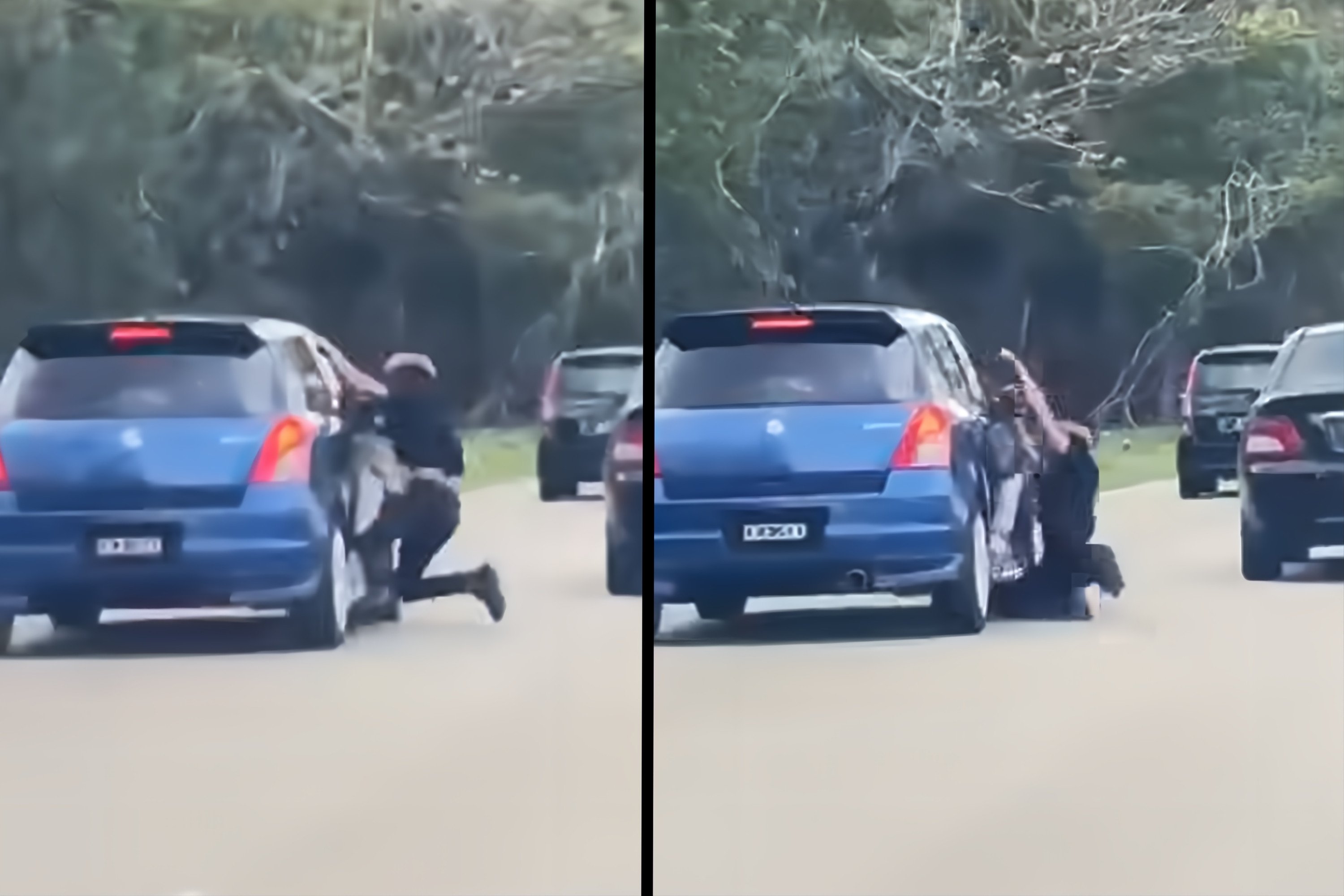 Screenshots from a viral video show a man clinging to a moving car before falling onto the road. Photo: Facebook