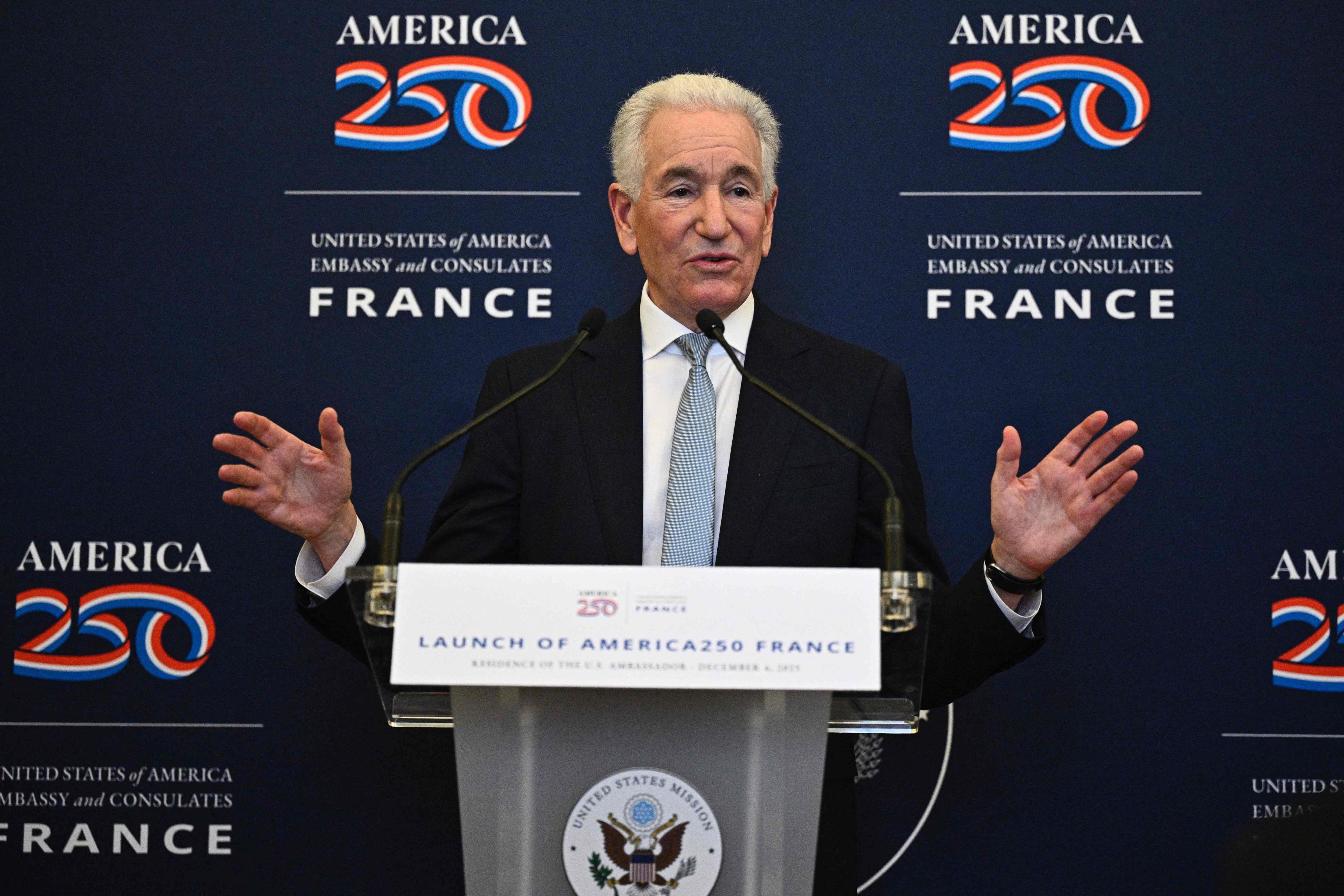 US Ambassador to France Charles Kushner delivers a speech at the official launch of America 250, to celebrate the 250th birthday of the US, at the American embassy in Paris,  France, on December 4, 2025. Photo: AFP