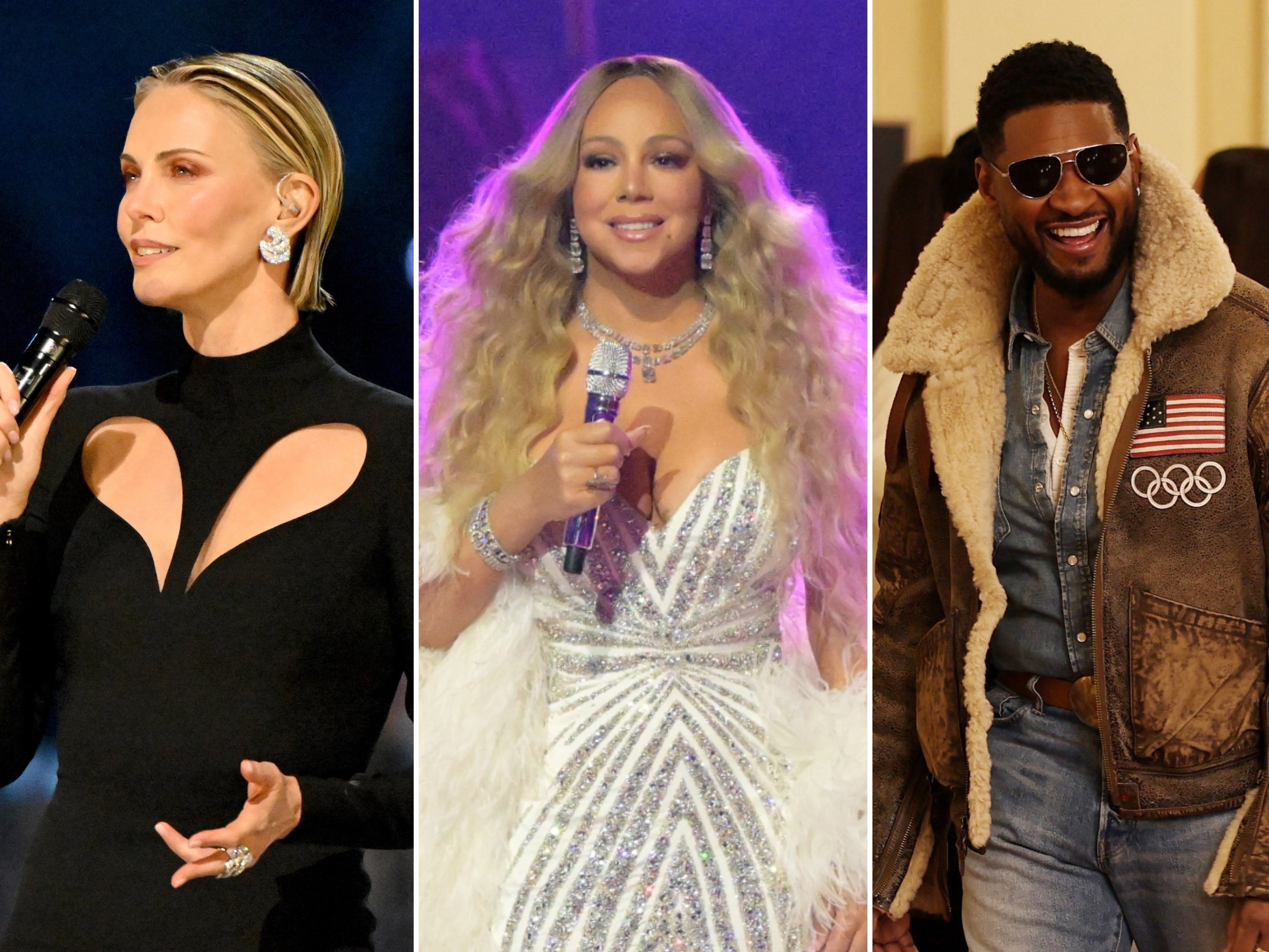 Charlize Theron, Mariah Carey and Usher at the Milano Cortina 2026 Winter Olympics. Photos: DPA, EPA, Reuters