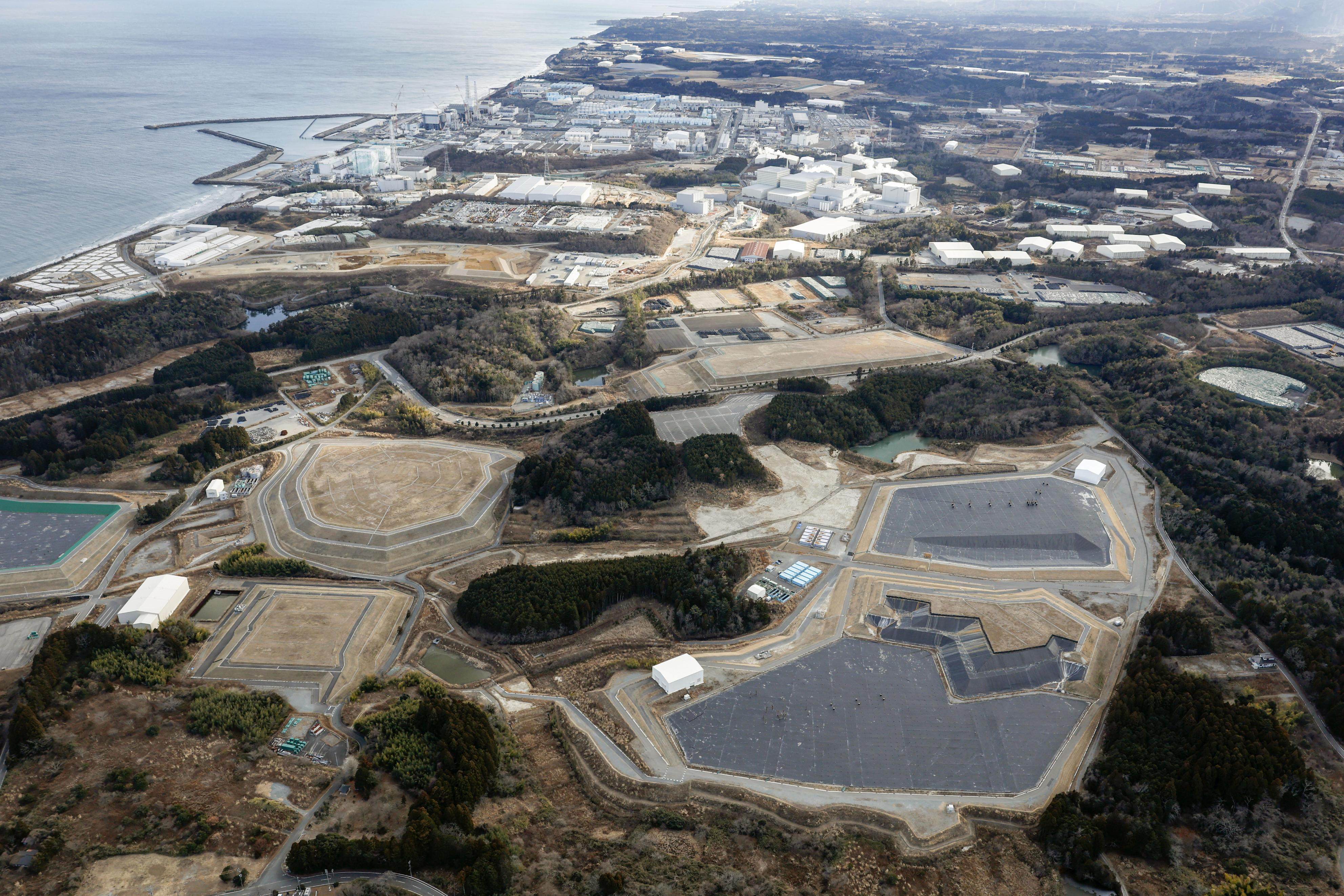 A facility in Futaba, Fukushima prefecture, temporarily stores soil and other waste from decontamination works. Photo: Kyodo