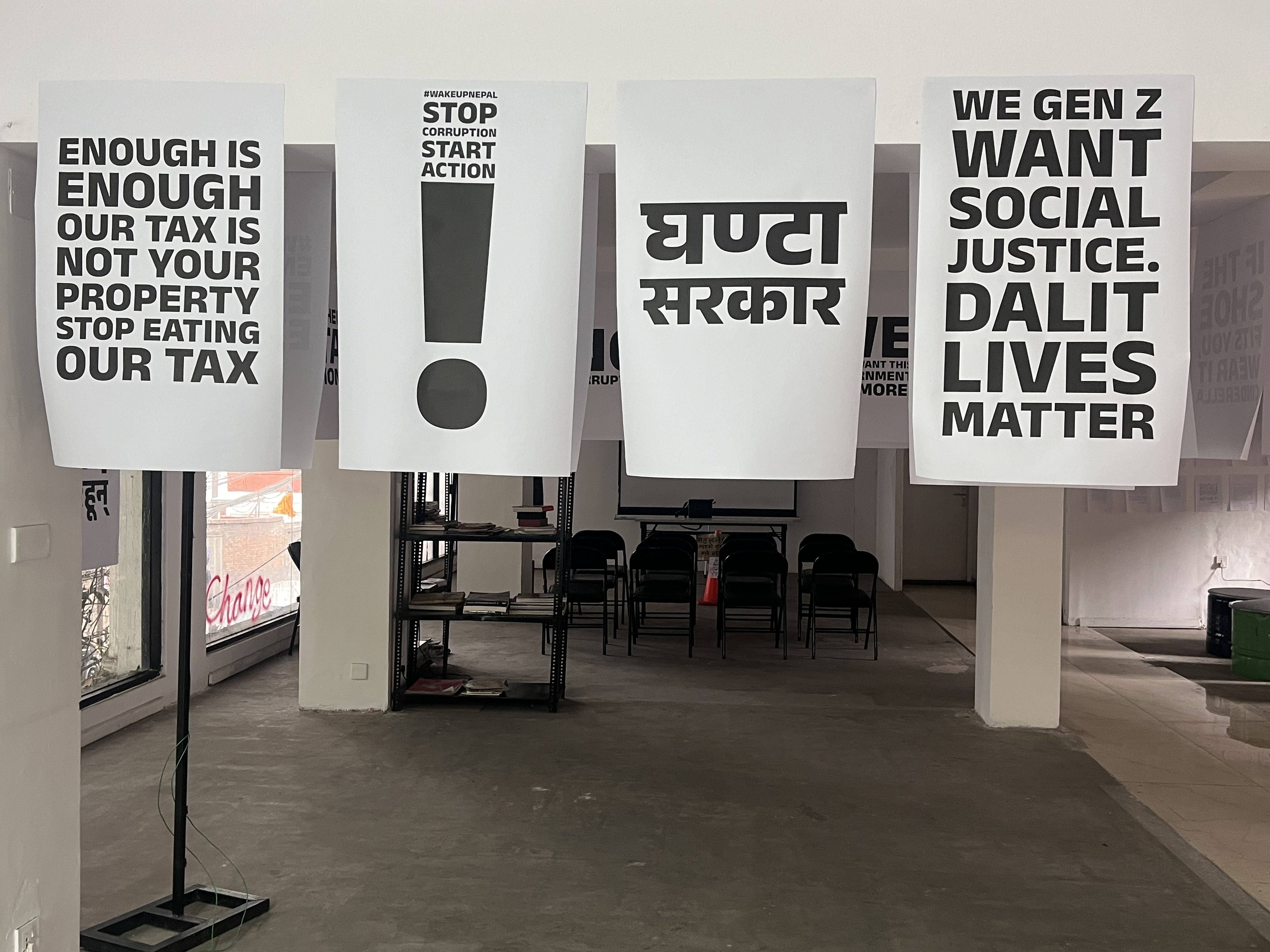An art exhibition in Kathmandu displays slogans used in the Gen Z protest in September last year. Photo: Bibek Bhandari