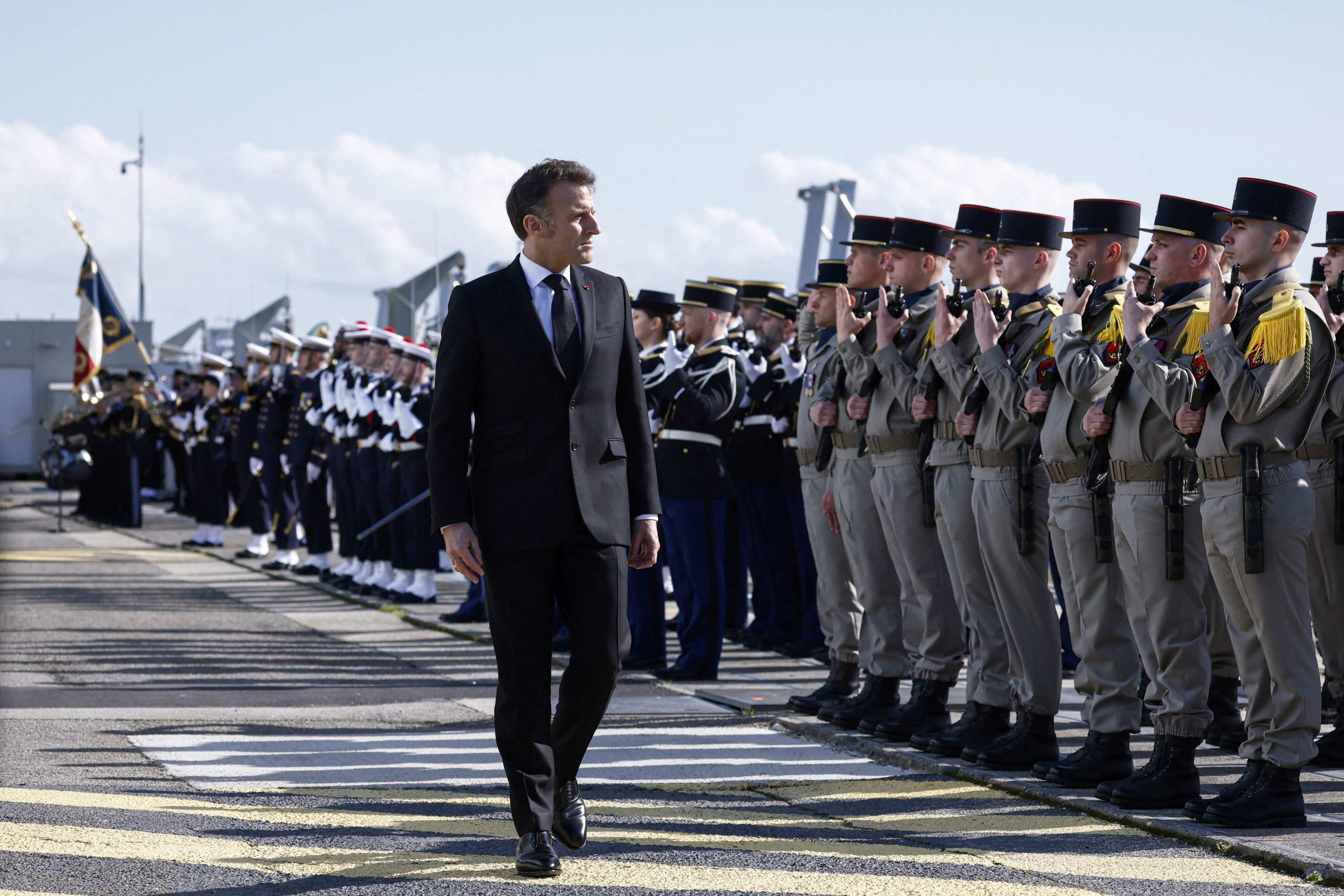 France’s President Emmanuel Macron during a visit to Ile Longue nuclear submarine base. Photo: AFP