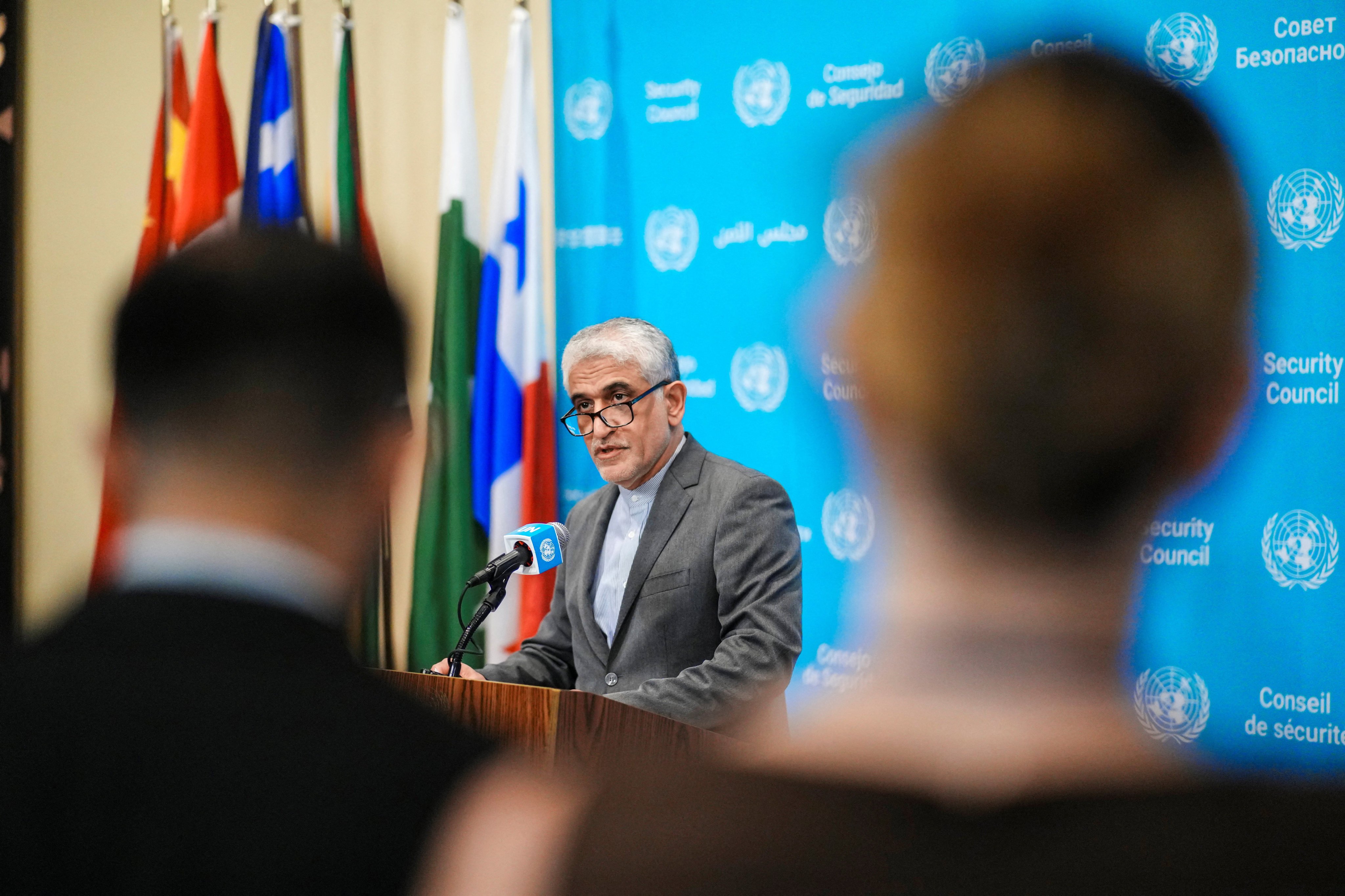 Iran's Ambassador to the United Nations, Amir-Saeid Iravani, speaks during a stakeout after attending a U.N. Security Council during a vote on a resolution that would permanently lift U.N. sanctions on Iran, at U.N. headquarters in New York City, U.S., September 19, 2025. REUTERS/Eduardo Munoz