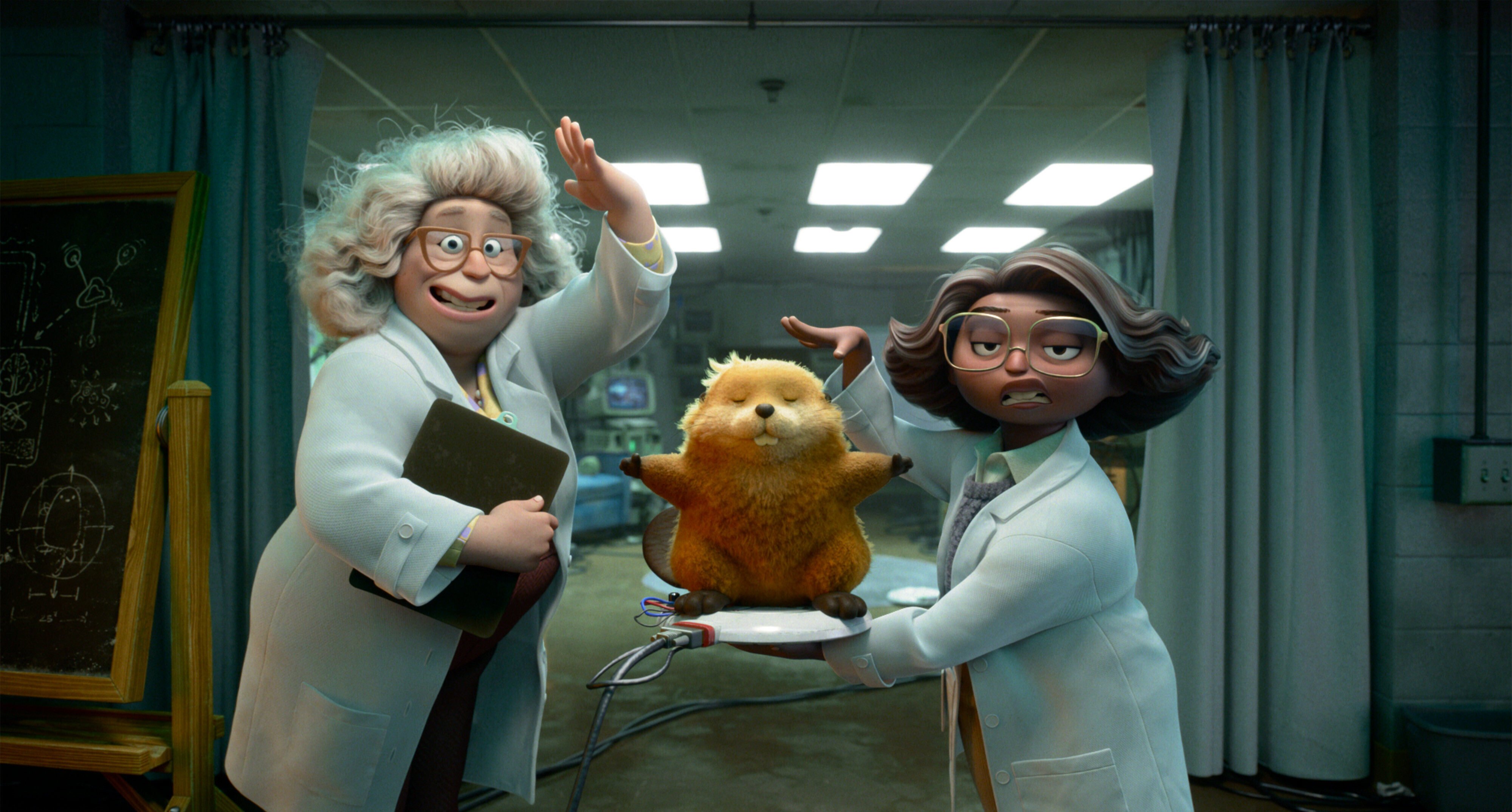 Dr Sam, voiced by Kathy Najimy, left, and Nisha, voiced by Aparna Nancherla, right, in a scene from the animated film “Hoppers”. Photo: Disney/Pixar via AP